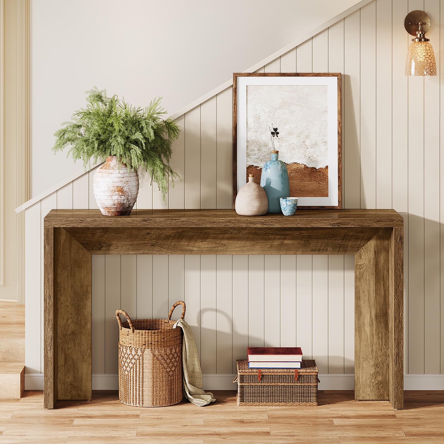 Tribesigns Tavolo consolle da fattoria da 140 cm con contenitore, tavolo da divano in legno marrone rustico per ingresso, ingresso, corridoio, soggiorno, facile da montare
