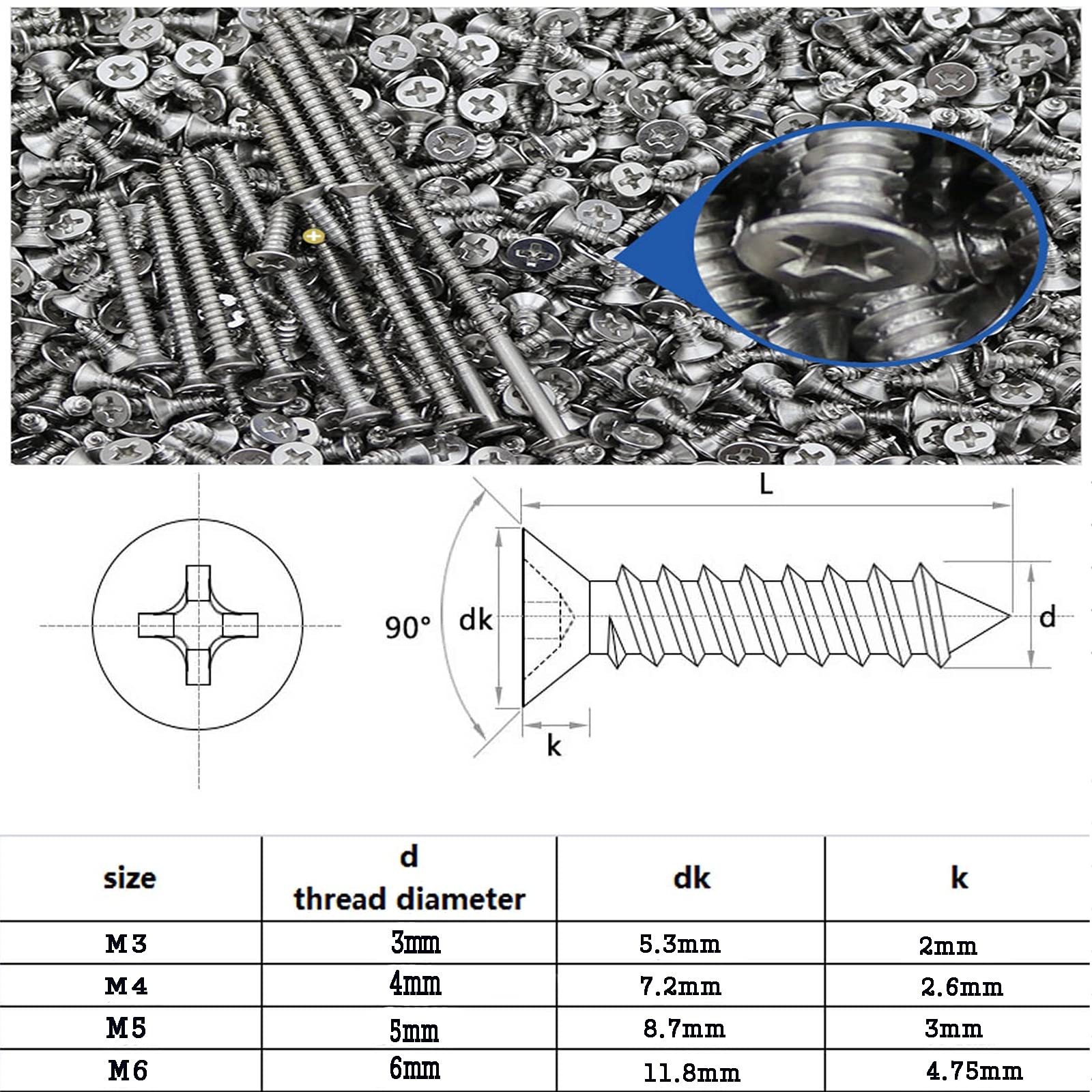 GOONDSD 1300PCS KIT SET M3 304 Cabeza Plana De Acero Inoxidable Tornillo De Toques De Toques Cruzado Roscado Empotrado