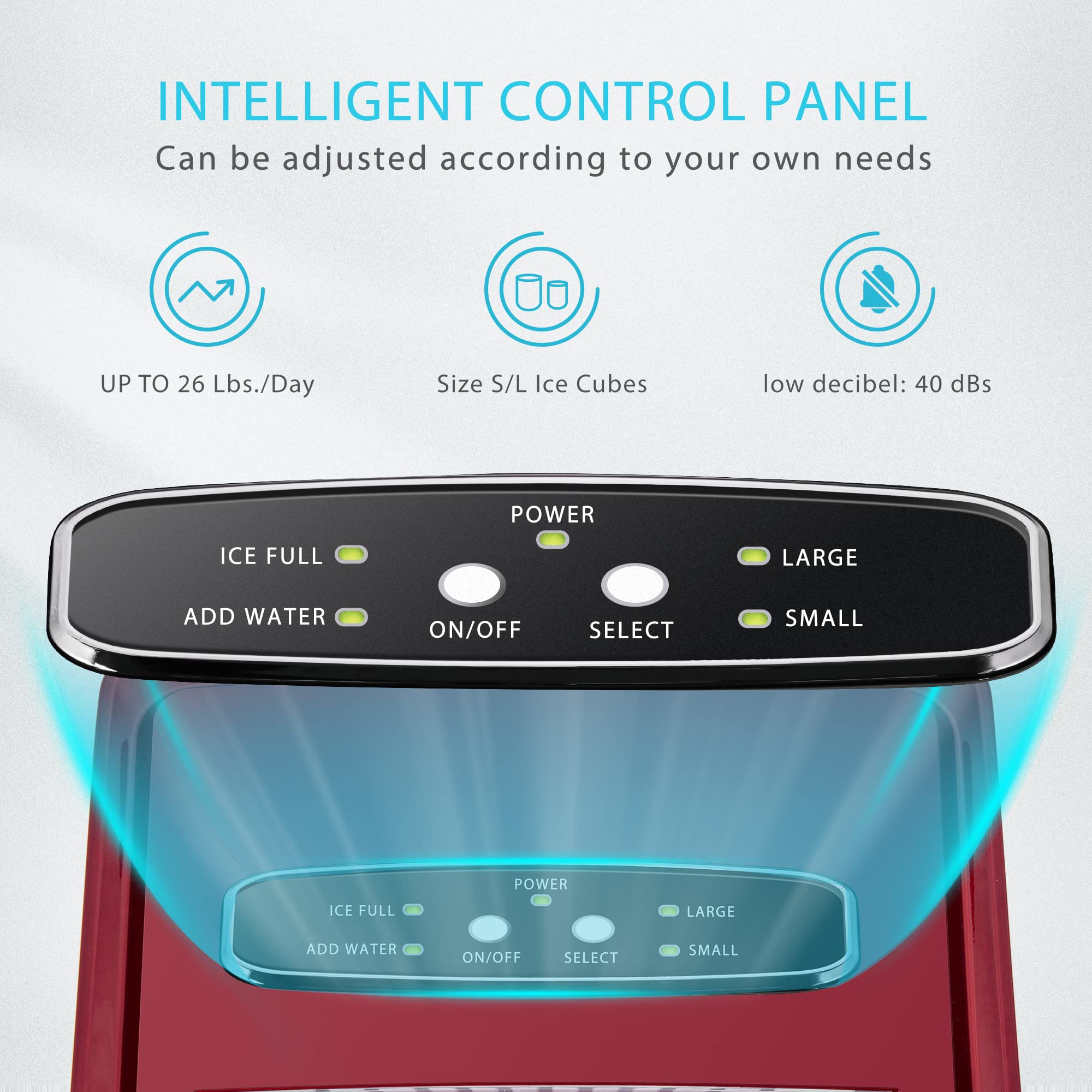 VIVOHOME Electric Portable Compact Countertop Automatic Ice Cube Maker Machine With Self Cleaning Function Visible Window And Hand Scoop Red 26.5lbs/Day on Fridge.com - View 5