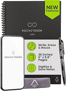 Rocketbook New Core Reusable Spiral Notebook, Executive Size 6x8.8, Black - Dotted Pages, App-Connected, Erasable, Durable Cover, Ideal for School, Work, and Creative Projects