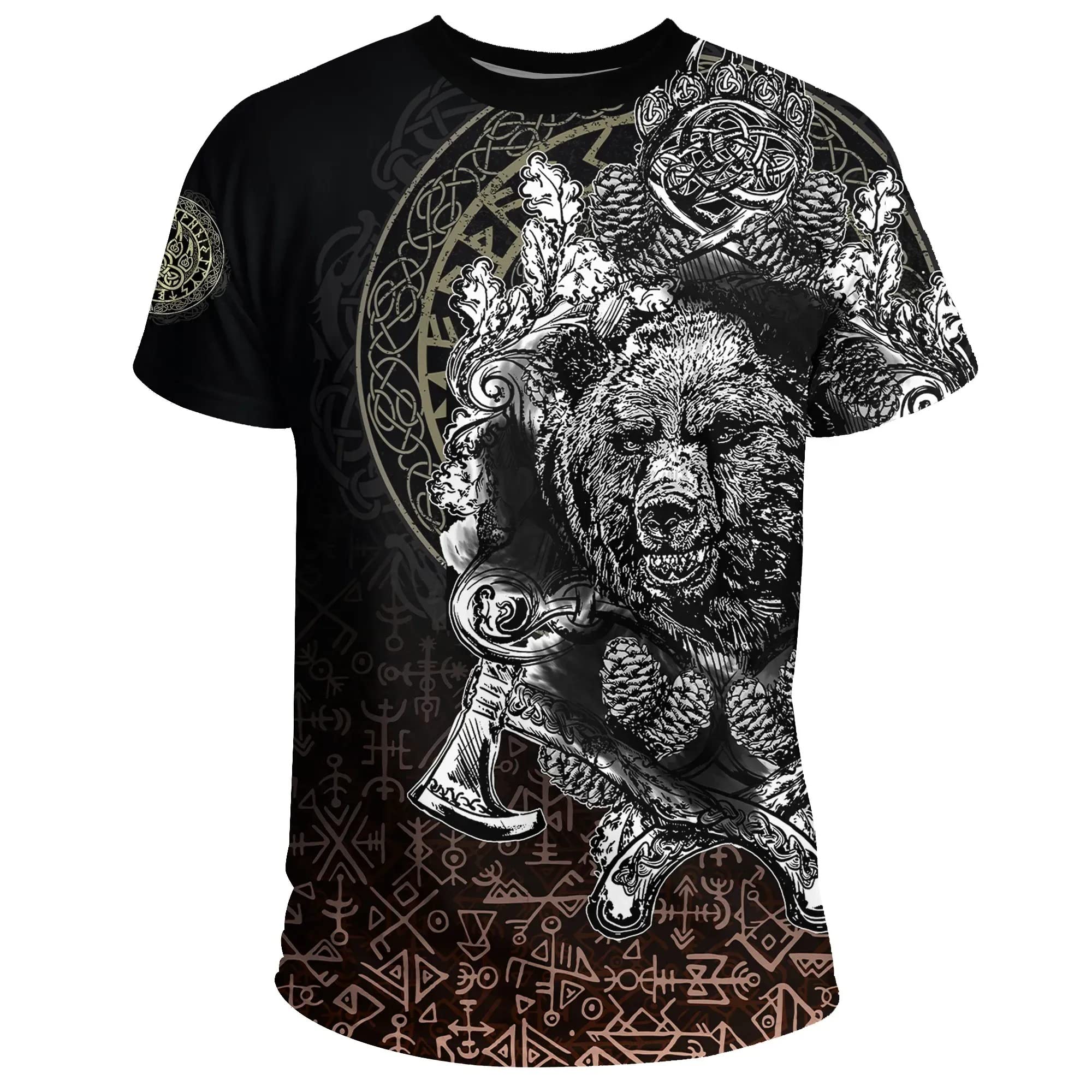 LRKZ Men'S Quick Dry T Shirt, Viking Totem Bear Claws and Viking Hammer 3D Printing Tattoo Loose Short Sleeve for Work, Clubs, Dating, Outdoor Activities