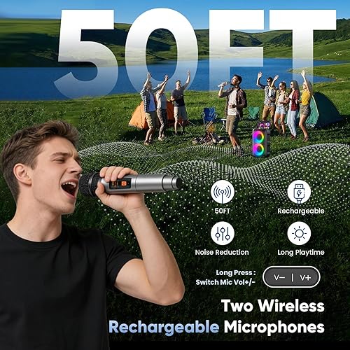 Miniatura 3 de Máquina de karaoke para adultos y niños, altavoz Bluetooth portátil con 2 micrófonos inalámbricos, modo TWS y luz LED, monitor de escenario con