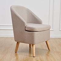 Vista 1 de Bonita silla tapizada color beige con estilo de barril, sofá individual redondo de tela similar al lino de algodón para patas de madera, sala