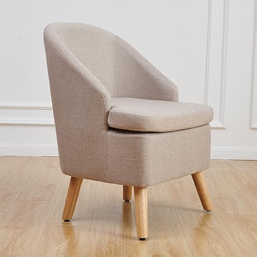 Bonita silla tapizada color beige con estilo de barril, sofá individual redondo de tela similar al lino de algodón para patas de madera, sala de