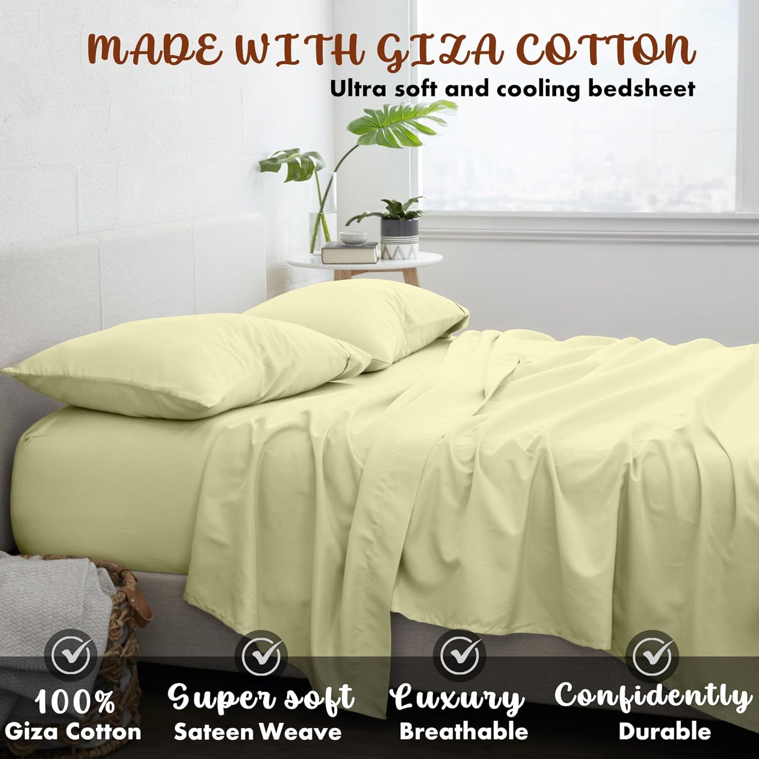 Femini Fashion My Egyptian Giza Cotton Sheets King Size, 16 Inches Extra Deep Pocket, 100% Giza Long-Staple Giza Cotton Bedsheet Soft Breathable My Sheets - Ivory