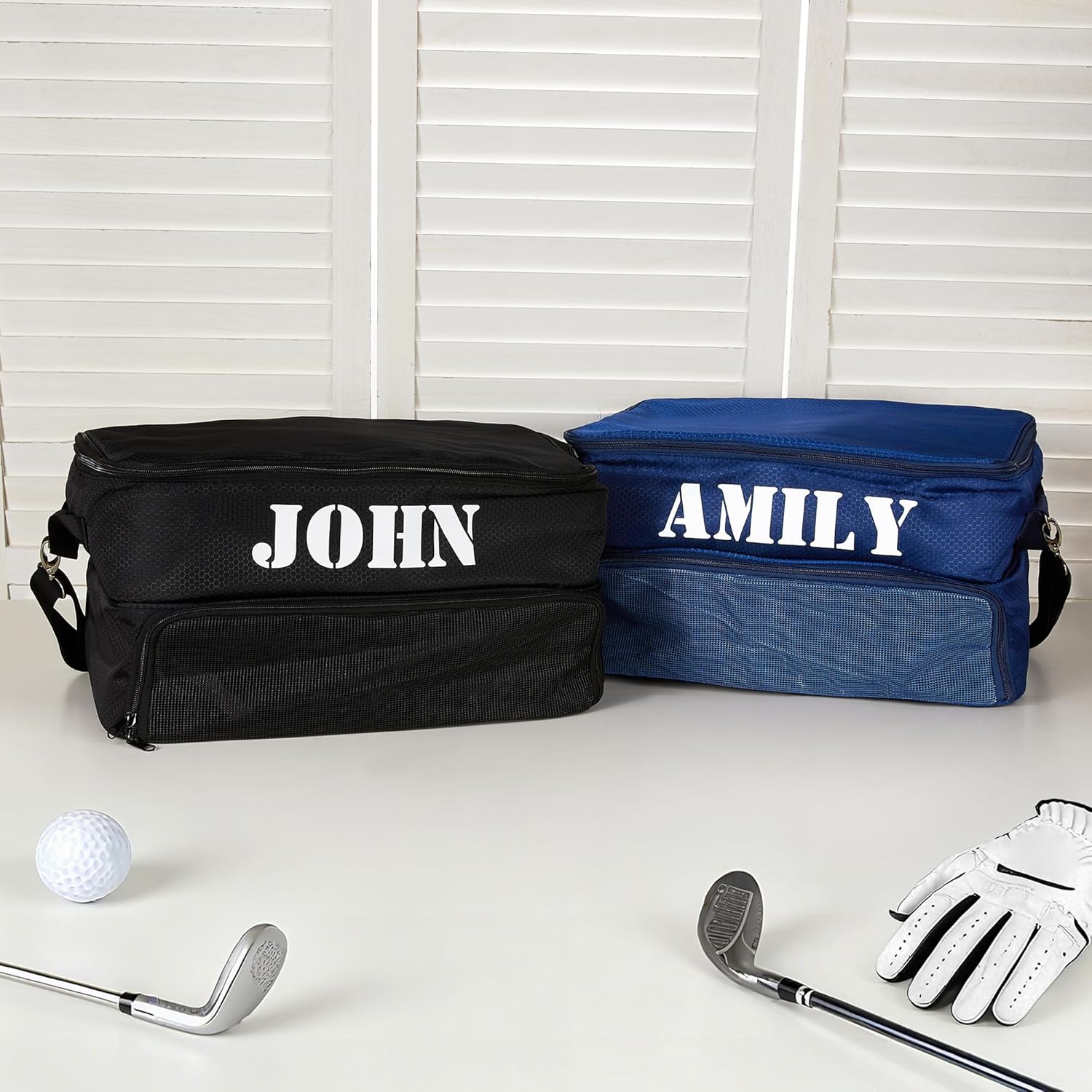 Personalized Name 2 Layer Golf Trunk Oranizer for Car Storage with Shoulder Stap Ventilated Compartments Custom Golf Shoe Bag Accessories Gifts for Men Women Golfer Size 17.32×12.99×9.06INCH