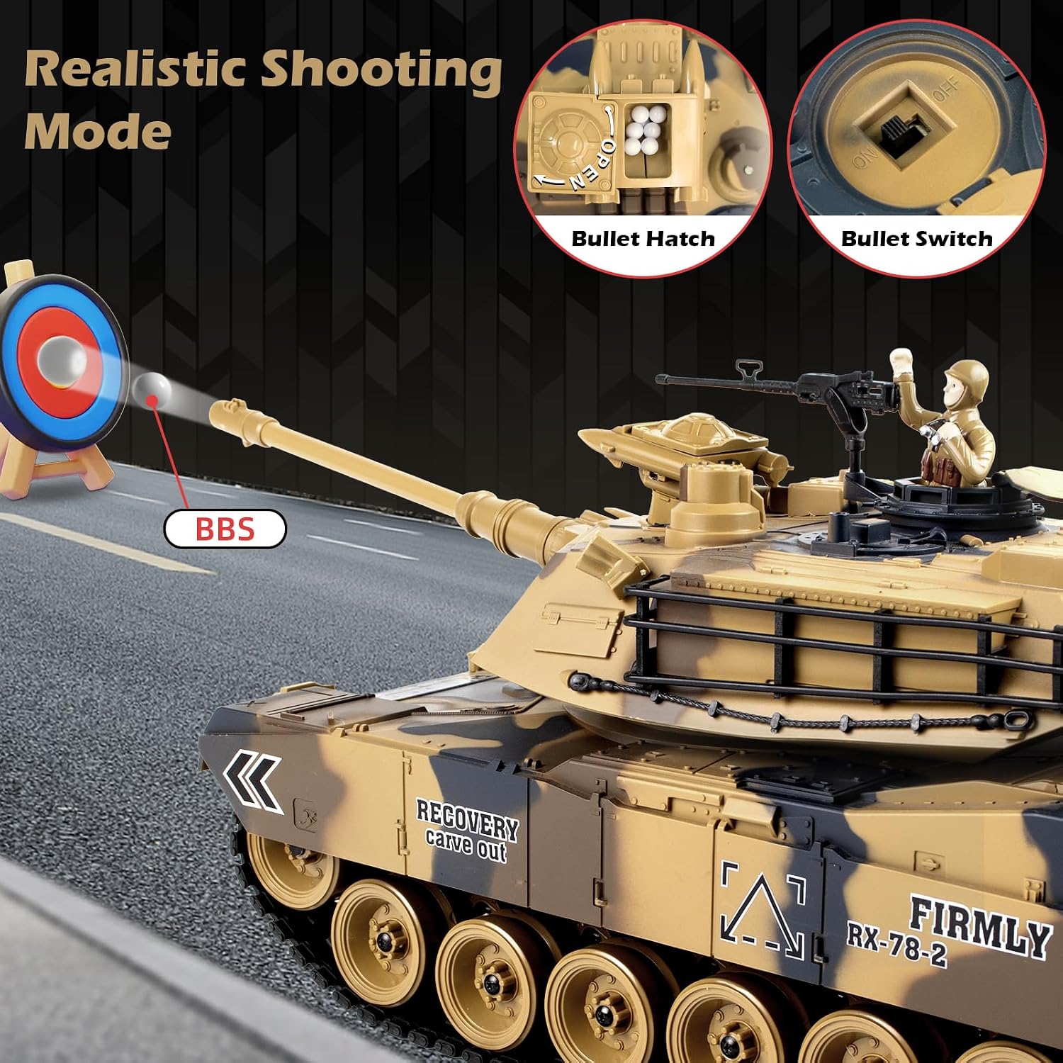 1/18 US M1A2 Abrams Army Tank, 2.4GHz Remote Control Model Toys, 60 Minutes of Working Time，Smoke & Sound & LED Lights & Recoil Effects. RC Tank Perfect Collectible, Adults and Gift Kids 6+