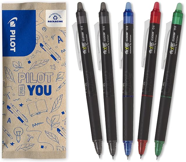Pilot - Pack of 5 - FriXion Point Clicker 0.5 - Retractable, Erasable Thermo Sensitive Ink Pen - 2 Black, Blue, Red, Green - Refillable Pen - Fine Point