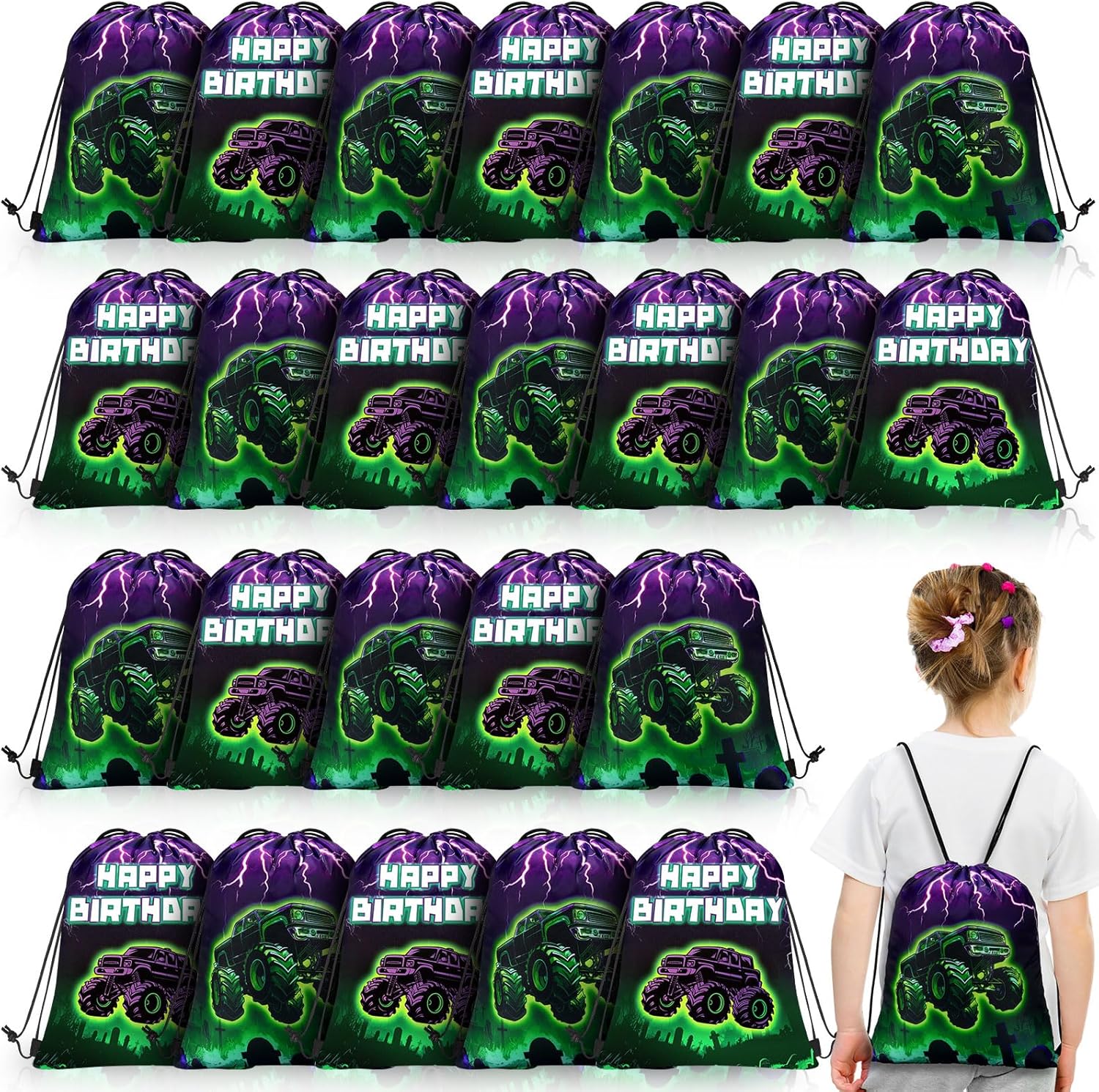 Yeyeplum 24 Pieces Monster Truck Party Drawstring Bags Kids Green Purple Trucks Christmas Birthday Party Gift Bag Grave Backpack Candy Goodie Favor Bags for Racing Car Parties Decoration Supplies