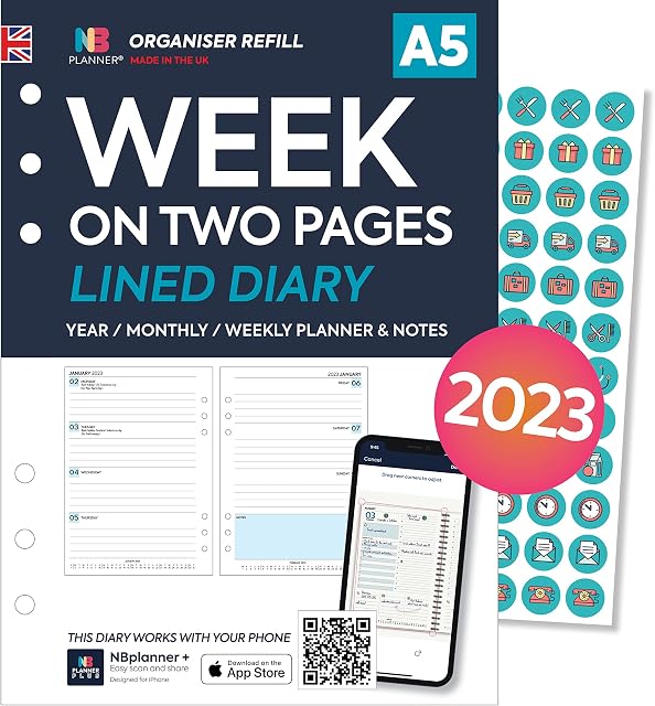 NBplanner 2023 A5 size Week on two pages Lined diary organiser refill | Filofax A5 COMPATIBLE | Monthly/Weekly | Monday start | UK holidays