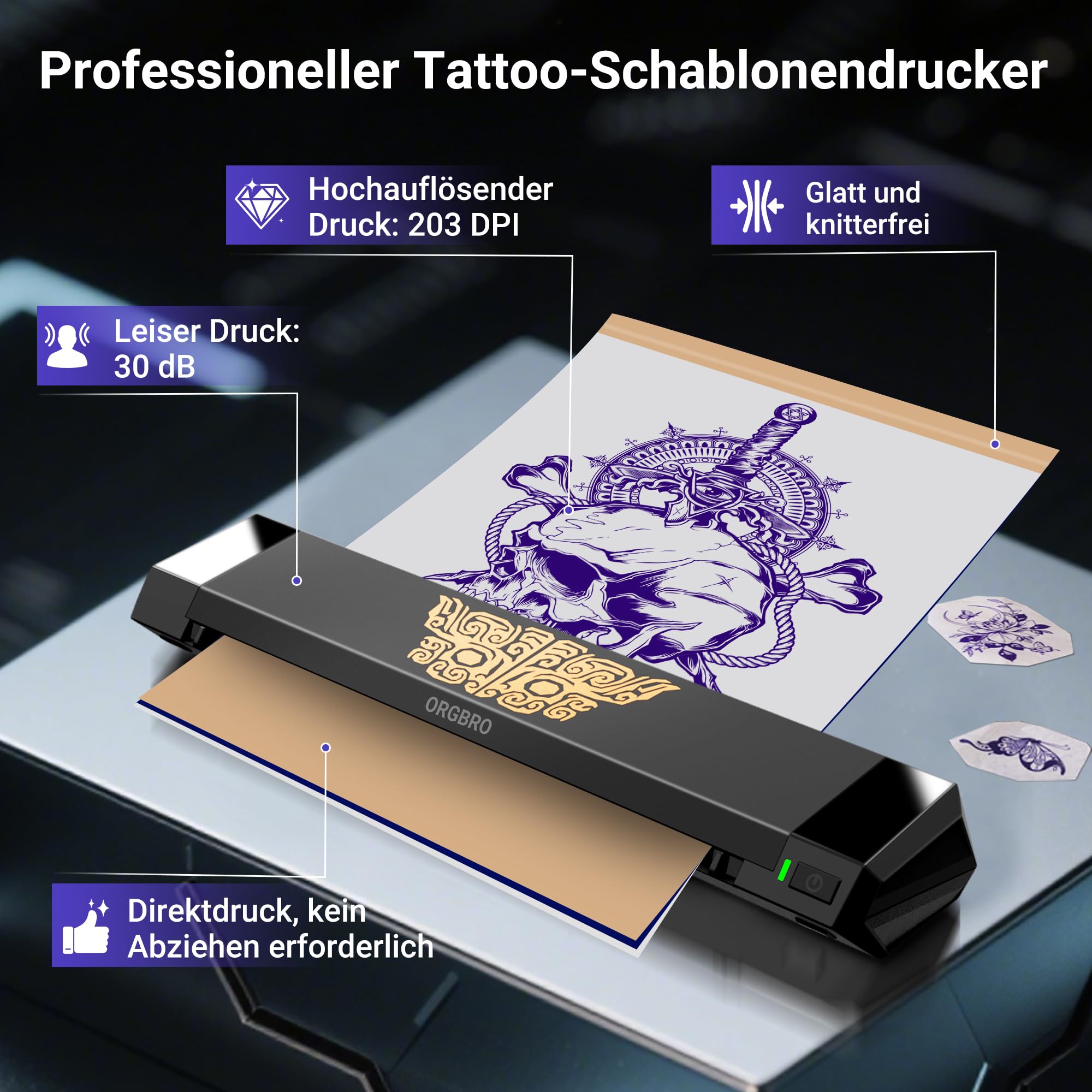 ORGBRO X8 Tattoo Drucker, Bluetooth Tattoo Stencil Drucker mit 30 Stück Transferpapier, Thermodrucker Tattoo Maschine für professionelle Künstler und Anfänger, kompatibel mit Smartphone/Tablet/PC