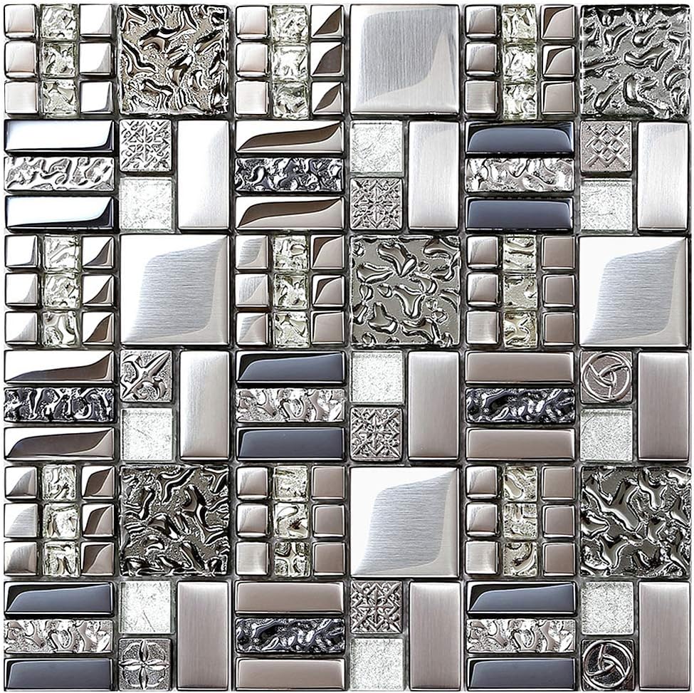 Blujellyfish Metallic Glass Mosaic Tiles Silver Gray 100% Glass Tile Water Resistant for Kitchen Backsplash Bathroom Shower Accent Wall Decor TSTGT151 (10 Square Feet)