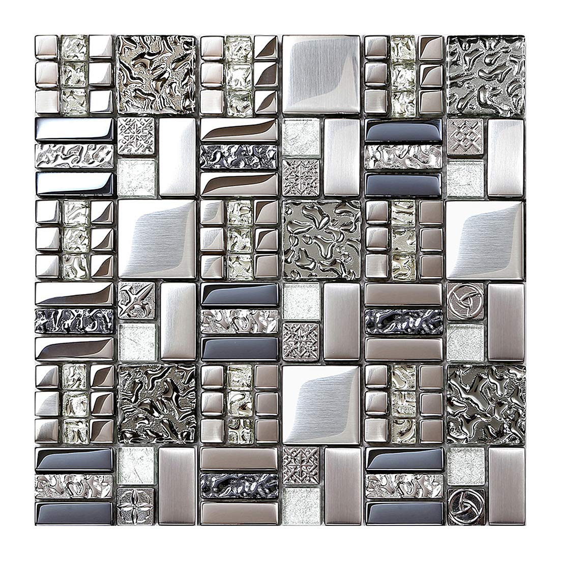 Blujellyfish Metallic Glass Mosaic Tiles Silver Gray 100% Glass Tile Water Resistant for Kitchen Backsplash Bathroom Shower Accent Wall Decor TSTGT151 (10 Square Feet)
