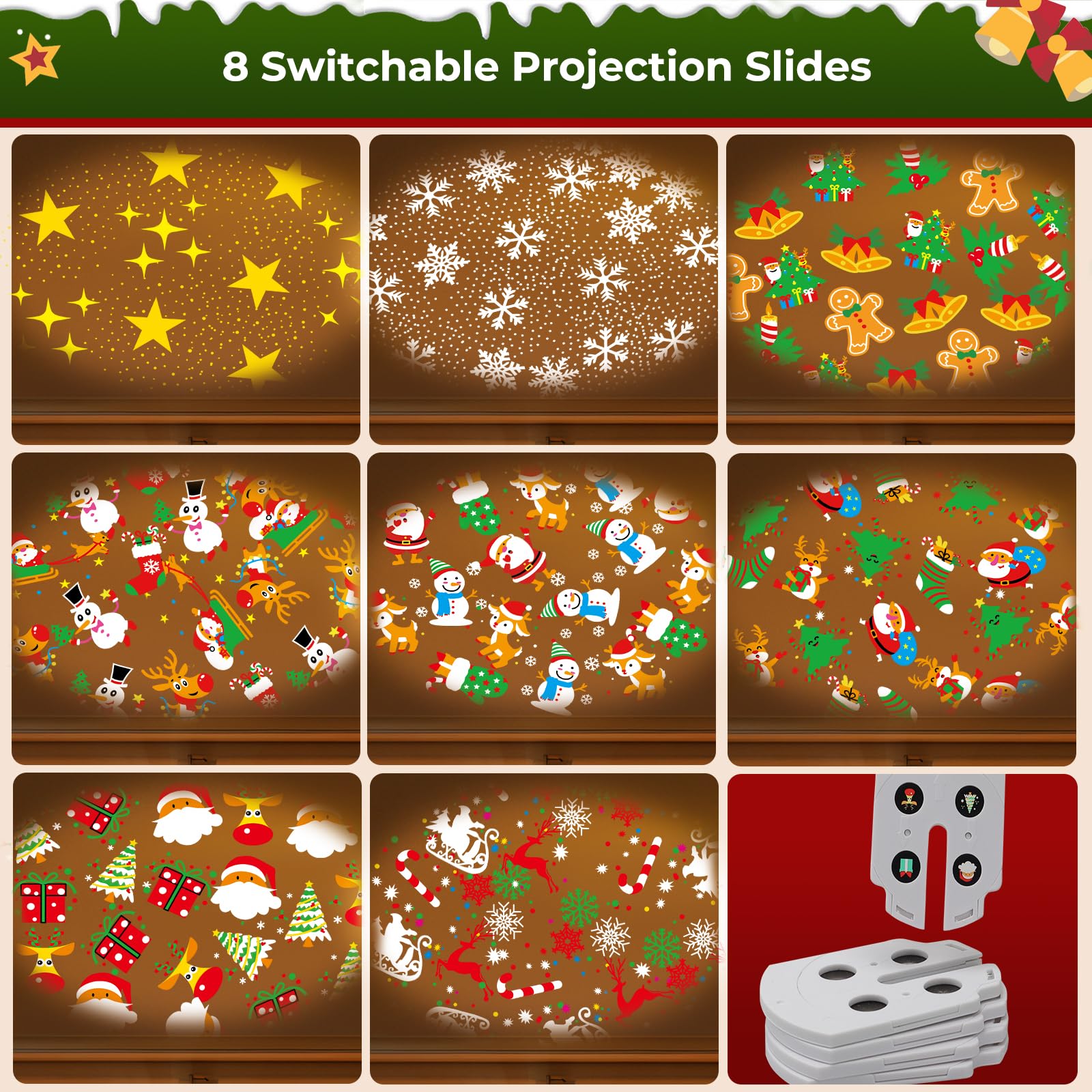 Christmas Tree Topper Lighted with 8 Projection Modes, Christmas Tree Star Topper Built-in LED Rotating Projector Lights, 3D Hollow Lighted Tree Topper Glitter Christmas Tree Decorations (Gold)