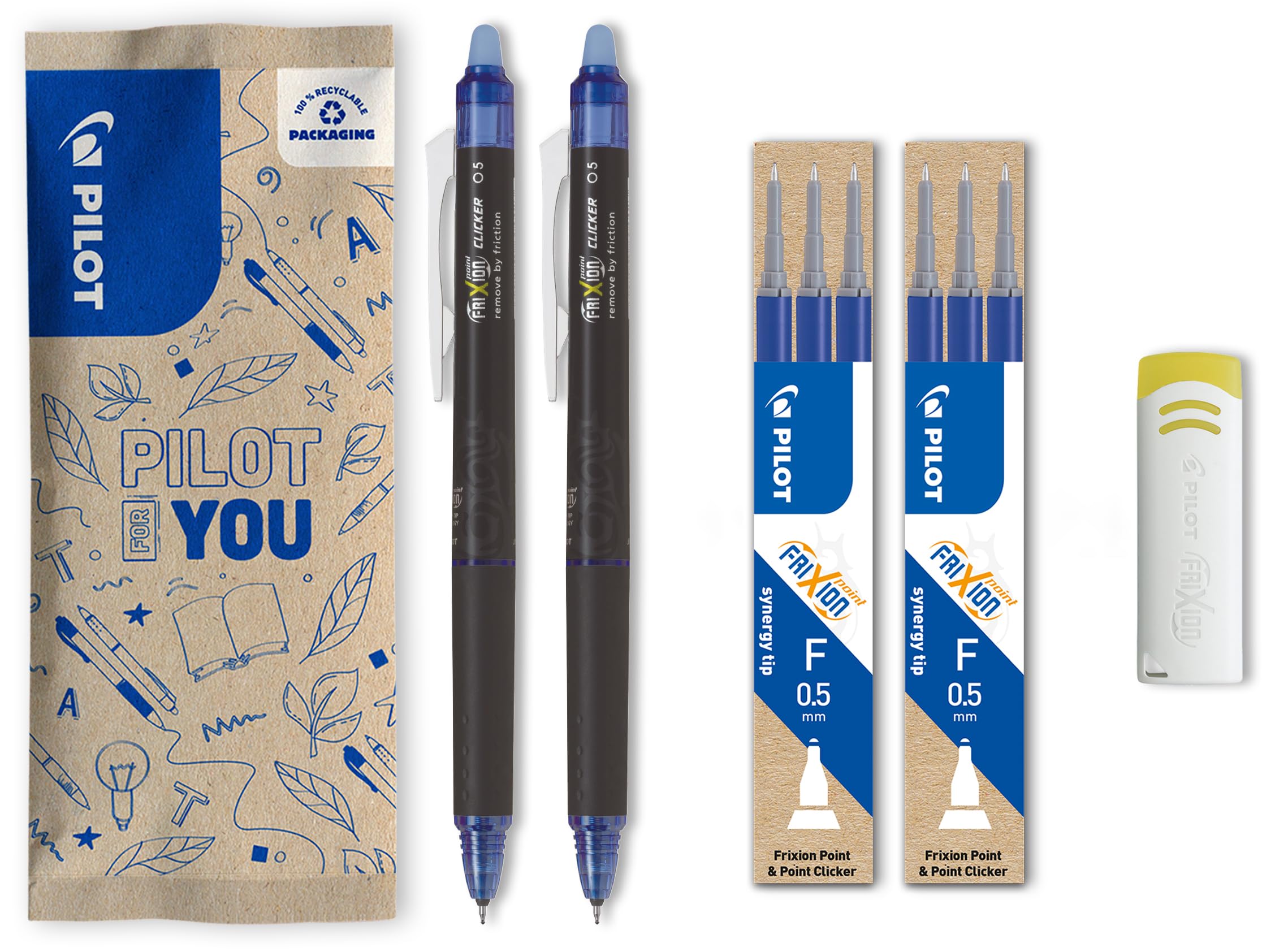 PILOT - Caja de 1 FriXion Point Clicker + 2 Set de 6 Recambios + 1 Goma - Bolígrafo Retráctil Borrable con Tinta Termosensible - Rollerball Recargable y Ergonómico - Azul - Punta Fina
