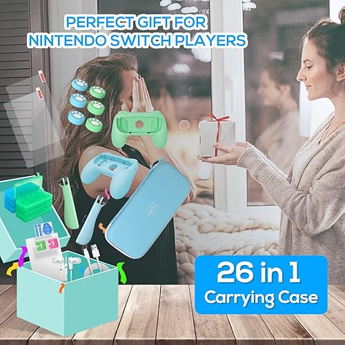 Vista 6 de Paquete de accesorios de interruptor para Animal Crossing - Kit de accesorios 26 en 1 con funda de transporte, protector de pantalla, empuñaduras