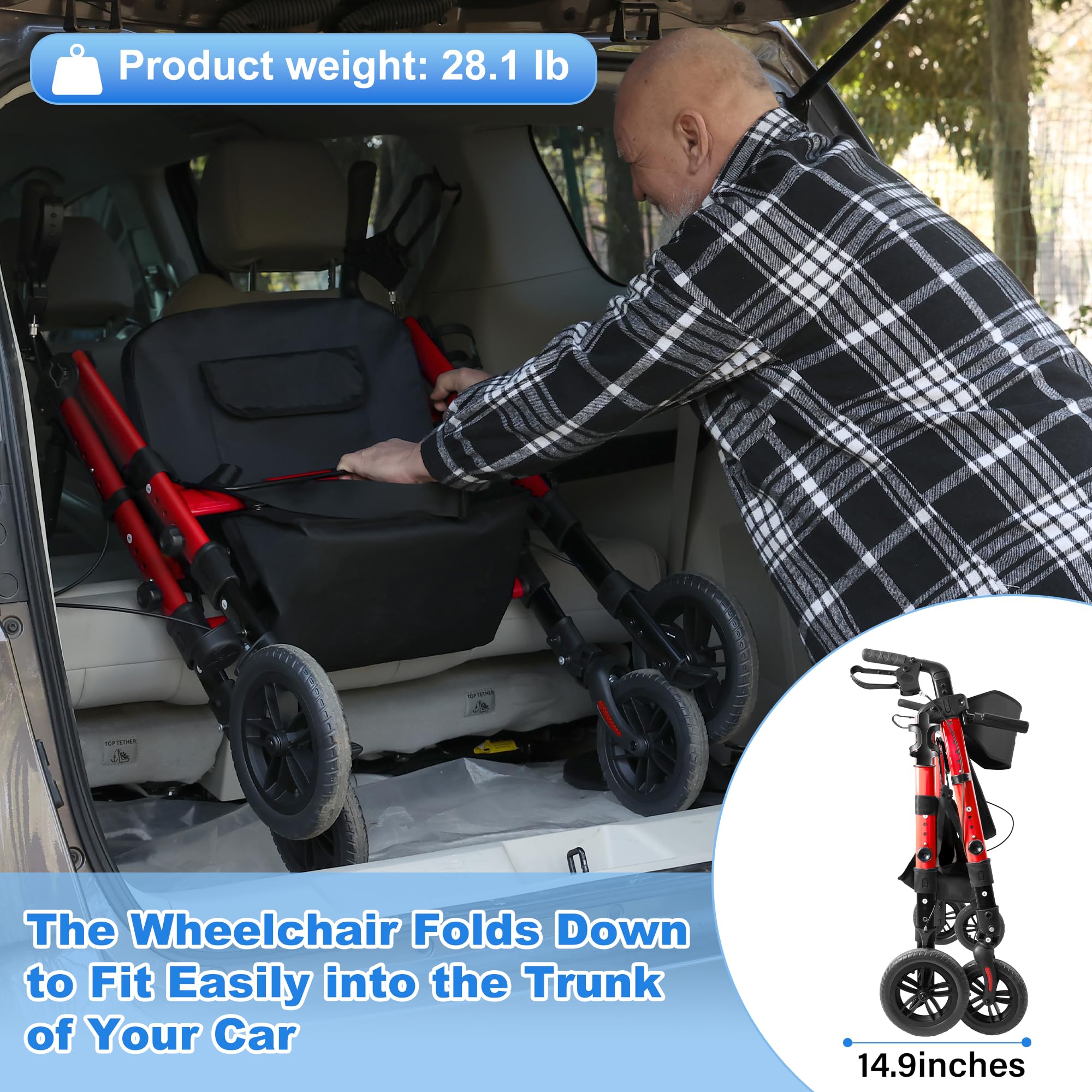 Heavy Duty Walkers for Seniors 2 in 1 Rollator Wheelchair Combo | 450 lb Capacity 10 All-Terrain Wheels Adjustable Seat & Handle Foldable Transport Chair with Seat Red product thumbnail 7