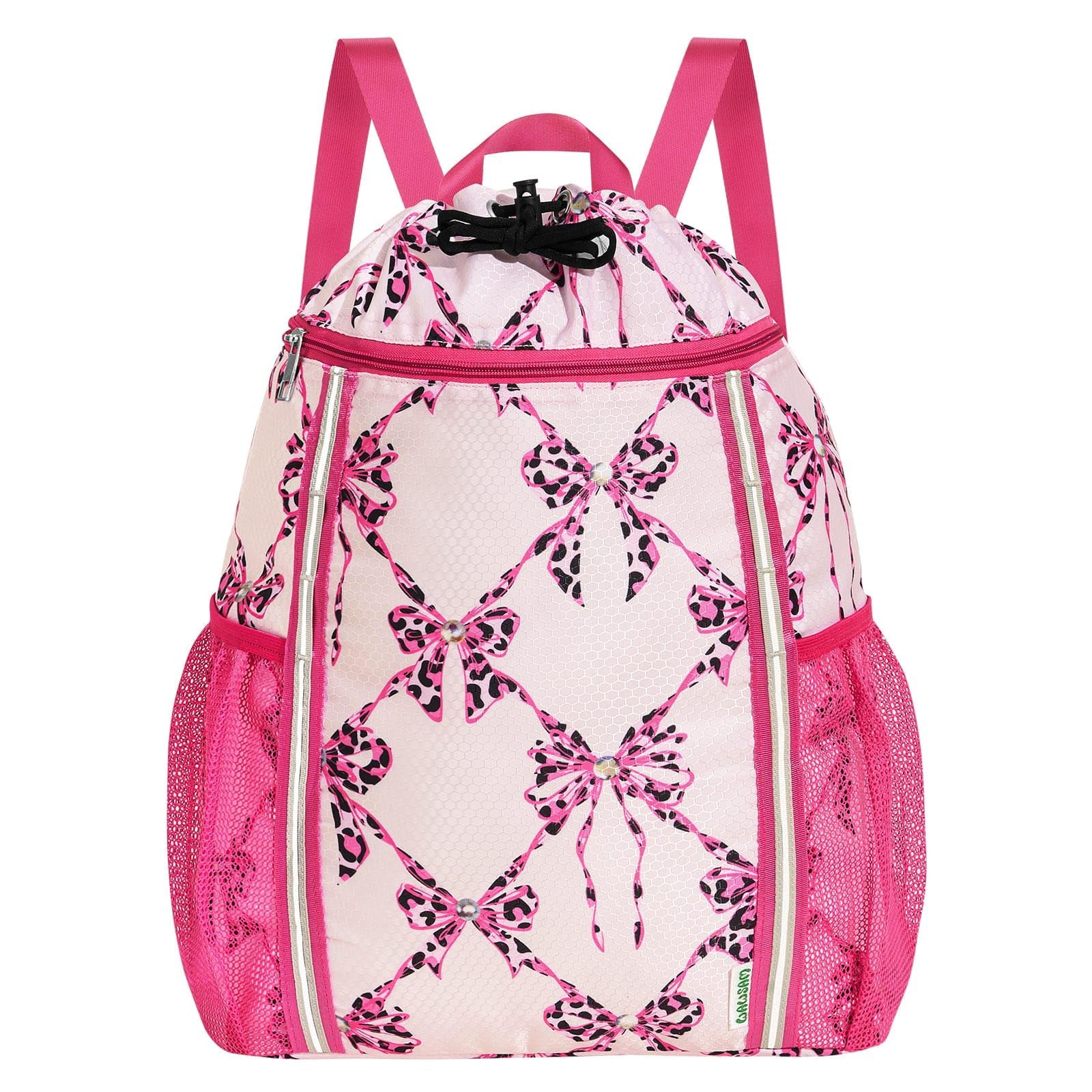 WAWSAM Drawstring Bags for Kids with Reflective Strip, Bowknot Gym Bag for Girls, Waterproof Swim Bag for Swimming Beach String Cinch Backpack with Two Mesh Water Bottle Pocket