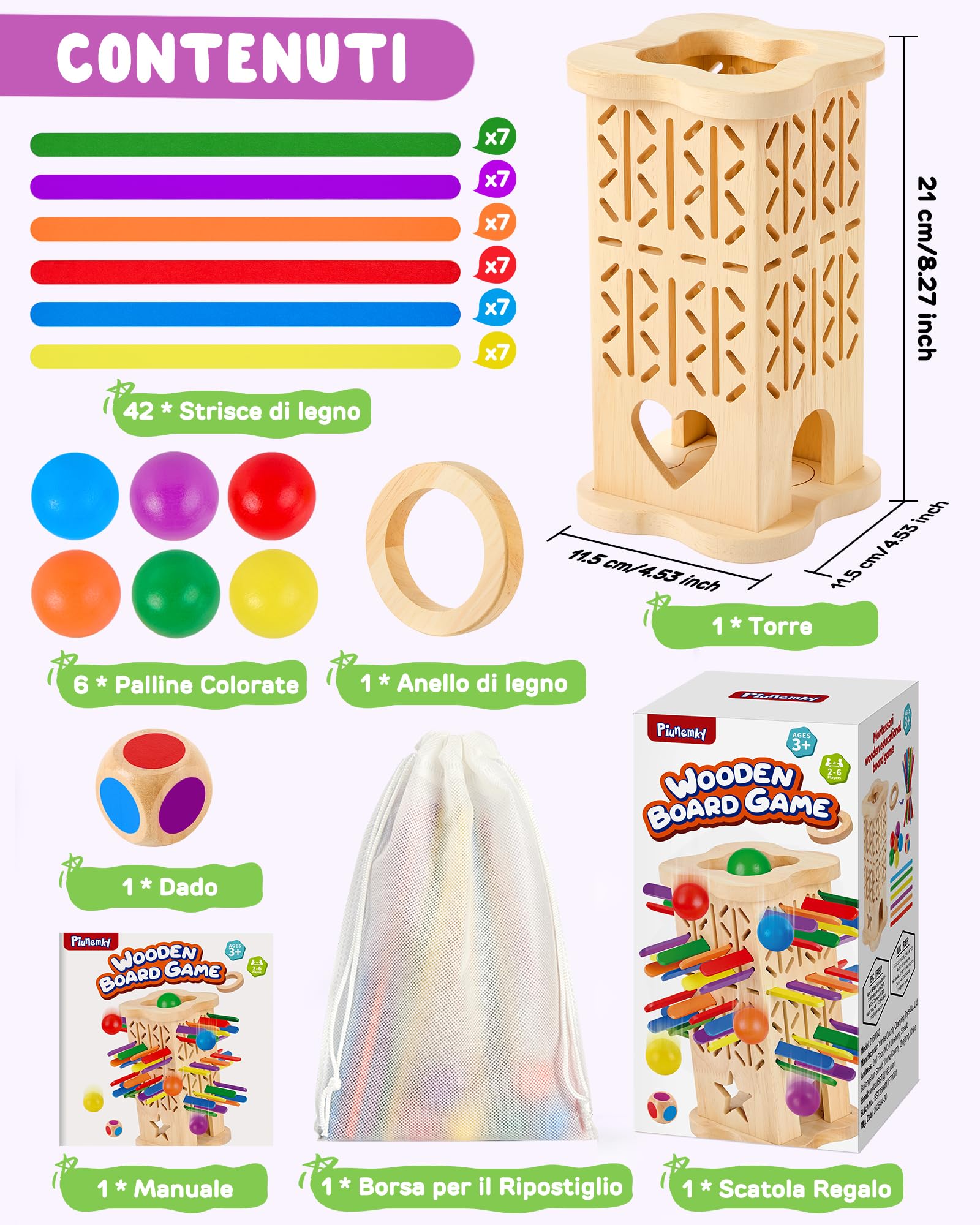 Giocattoli Montessori in Legno per bambini 3 4 5 6 anni | Gioco di Società Educativo con Bastoncini Colorati, Dado e Palline, Sviluppa la Motricità Fine e la Concentrazione, Regalo
