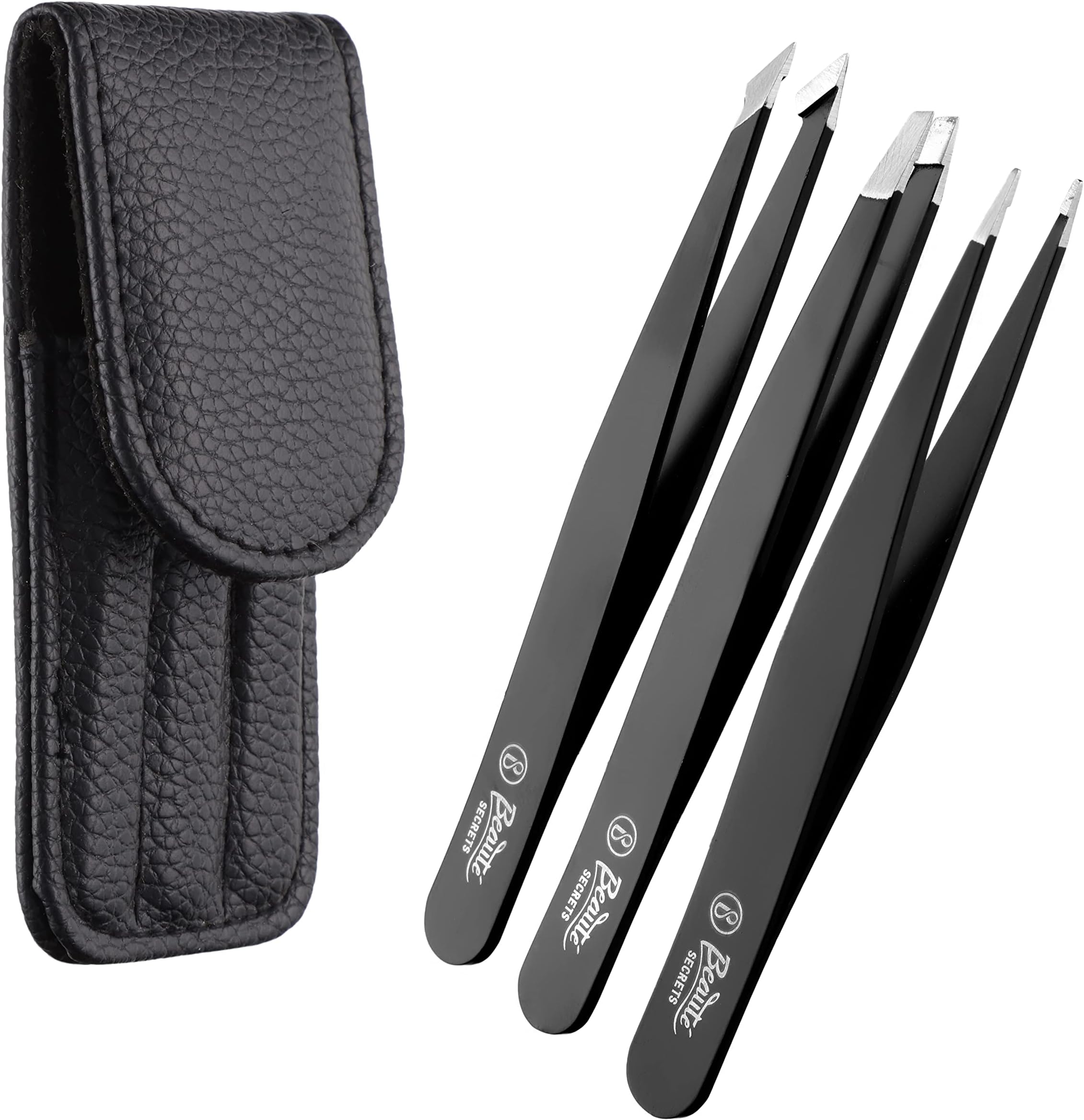 Beautรฉ Secrets Tweezers Set - Tweezers for Eyebrows - Great Precision Plucker for Facial Hair, Splinter and Ingrown Hair Removal, Hair Threading(Black)
