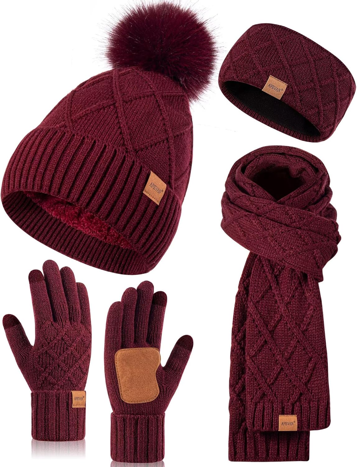 Womens Winter Hat Gloves Scarf Headband Set, Pom Pom Beanie Long Scarf Touchscreen Gloves Ear Warmer, 4 in 1 Warm Gift Set