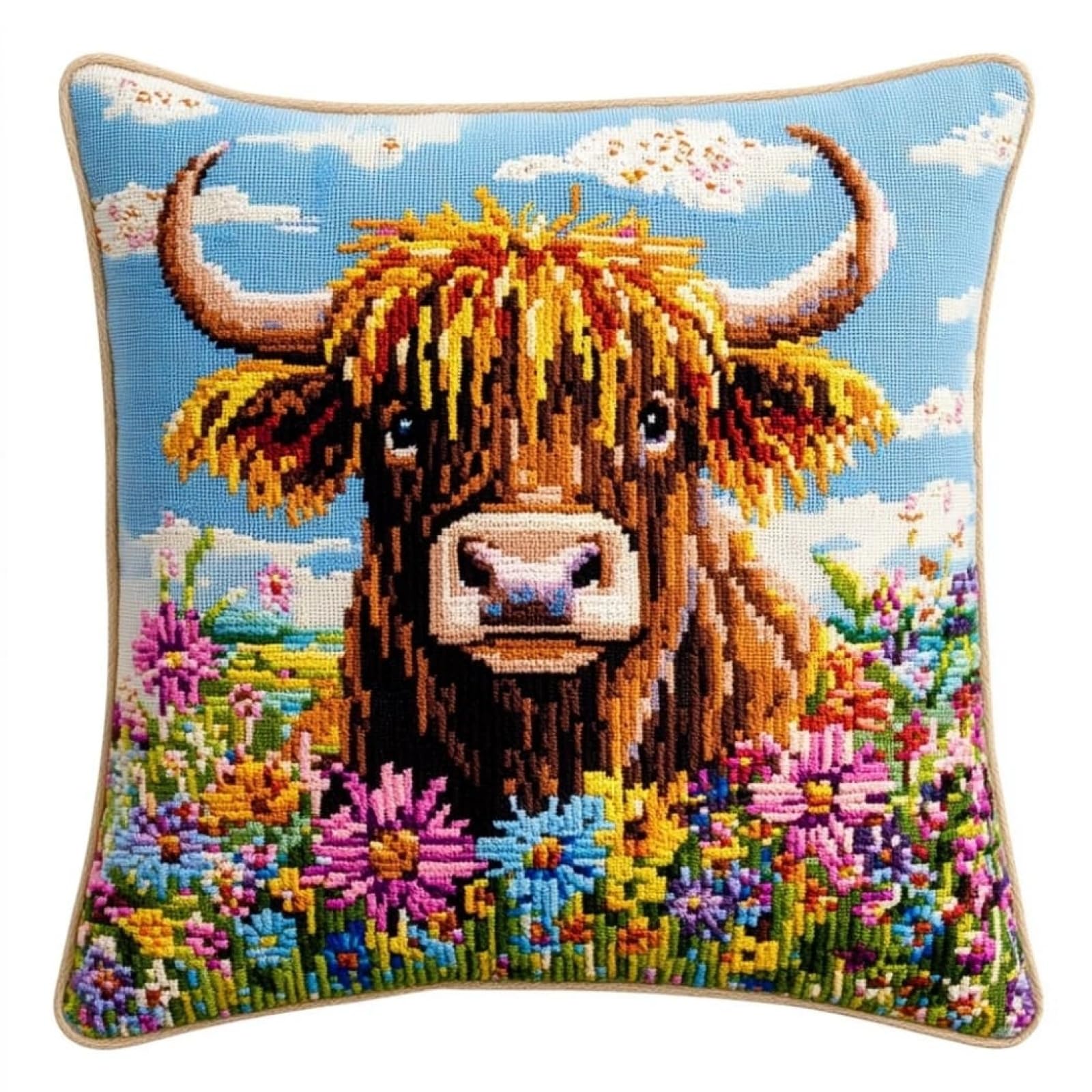 WallustrioaW DIY Cushion Embroidery Kit,Highland Cattle in the Flowerbed,Cross Stitch Cushion Cover Needlepoint Craft Cushion Kit pre Printed Handmade Cushion Cover 18x18in