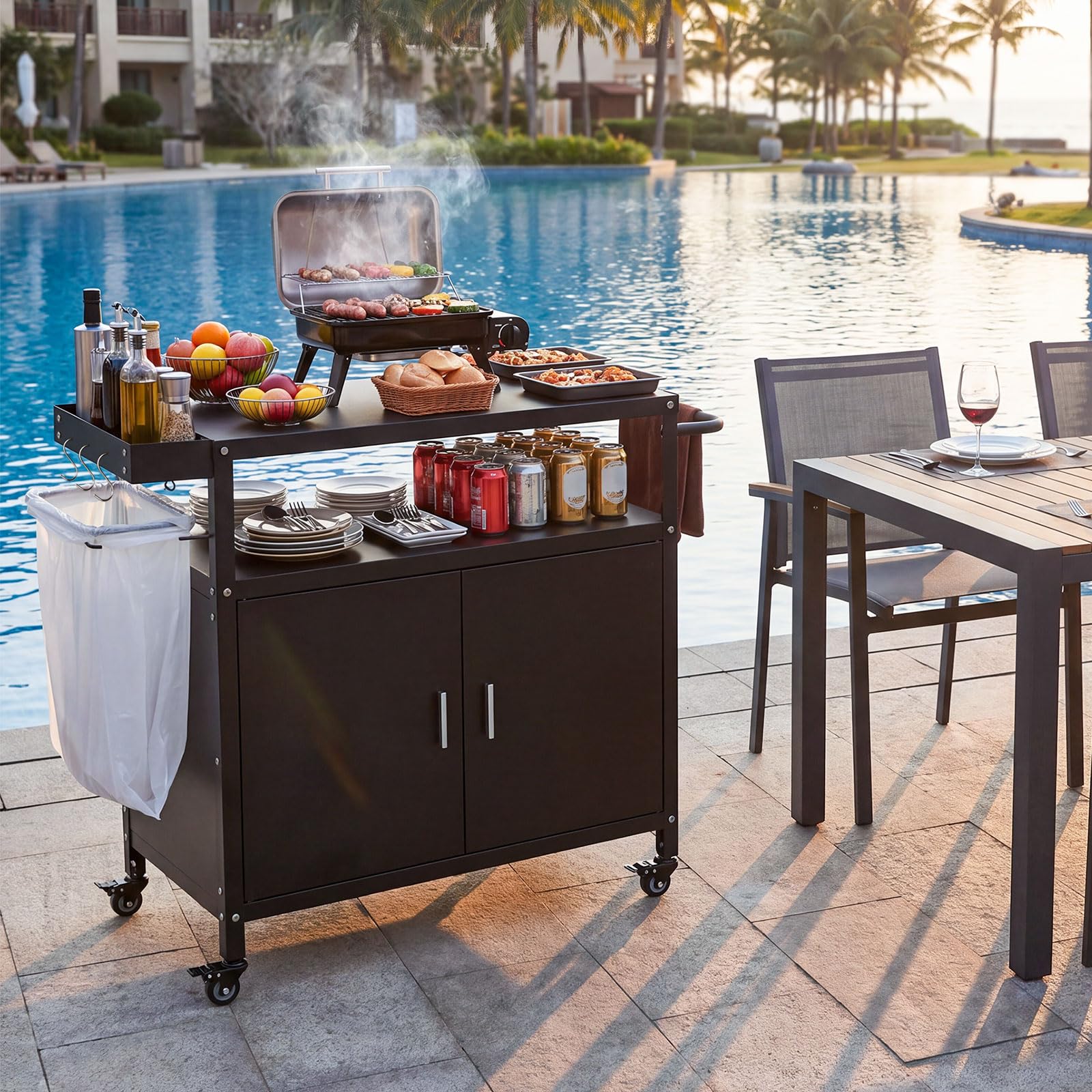 COSTWAY Carrito de Barbacoa con Ruedas, Acero, Armario de 2 Puertas, Estante, 3 Ganchos y Soporte para Bolsas de Basura, Carro de Servicio Cocina Interior y Exterior, 109 x 45 x 89 cm