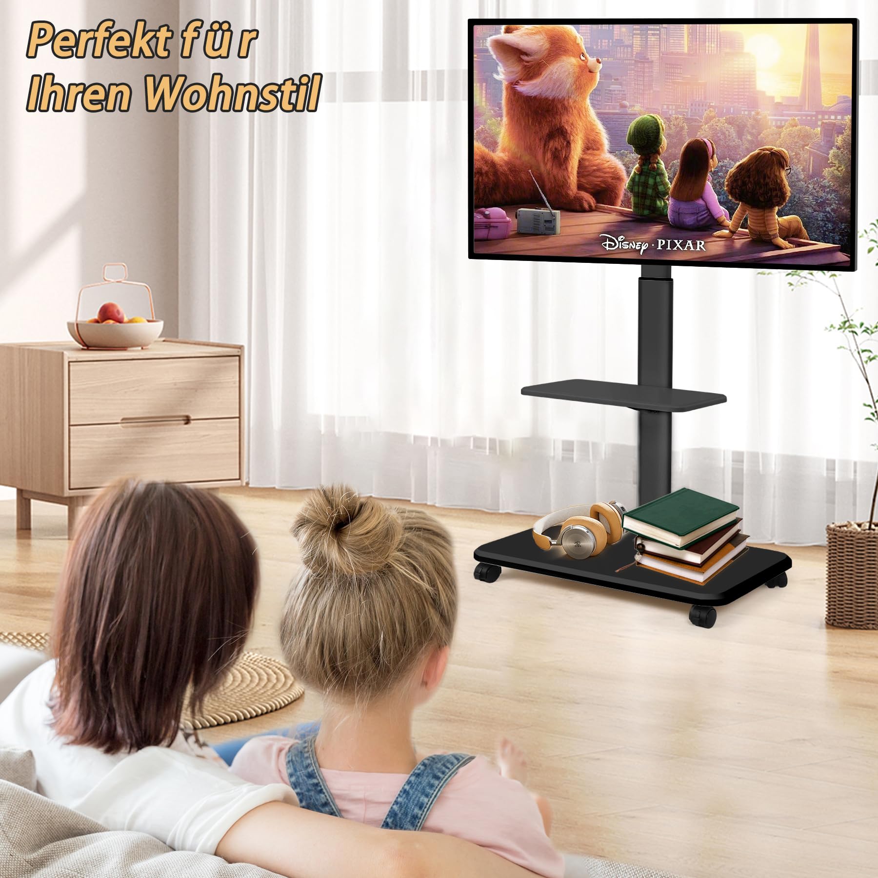 Rollender TV-Ständer für 32-70 Zoll, Flache, Gebogene LED-Bildschirme, LCD-OLED-Bildschirme, bis zu 50kg, höhenverstellbar, mobiler TV-Wagen mit abschließbaren Rädern