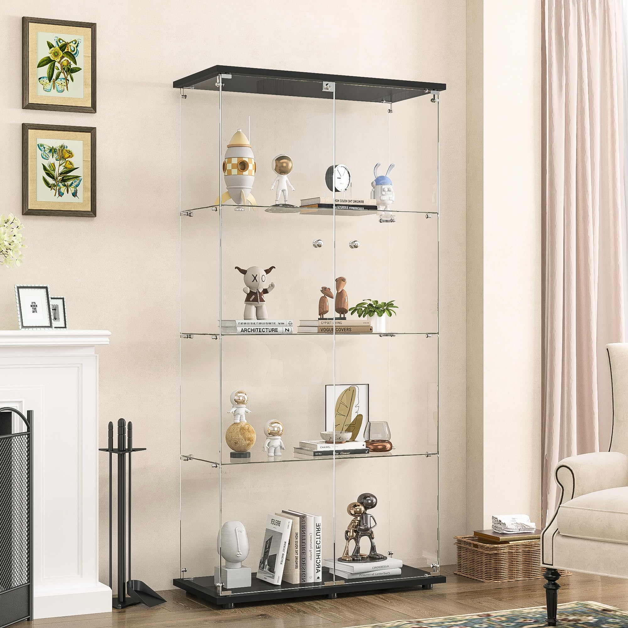 Vitrina de Cristal,164x80.5x36.5cm,Vitrina Expositora para Colecciones con 4 Estantes 2 Puerta con Cerradura,Gabinetes de Vidrio para Salón Dormitorio,Pasillo,Vitrina Cristal,Negro