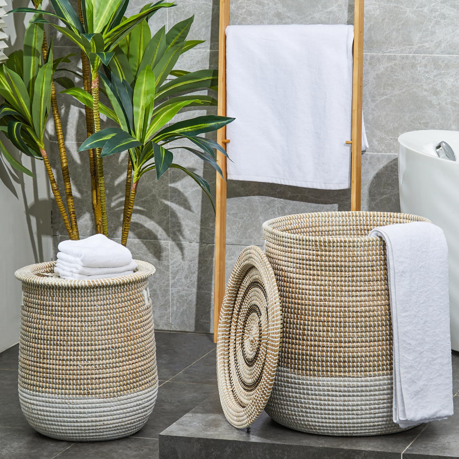 Cesto Portabiancheria Grande con Coperchio, Cesto Intrecciato in Alghe Marine, Adatto per Riporre Vestiti, Giocattoli e Cuscini, Bianco e Marrone, 45,14 L/86,38 L