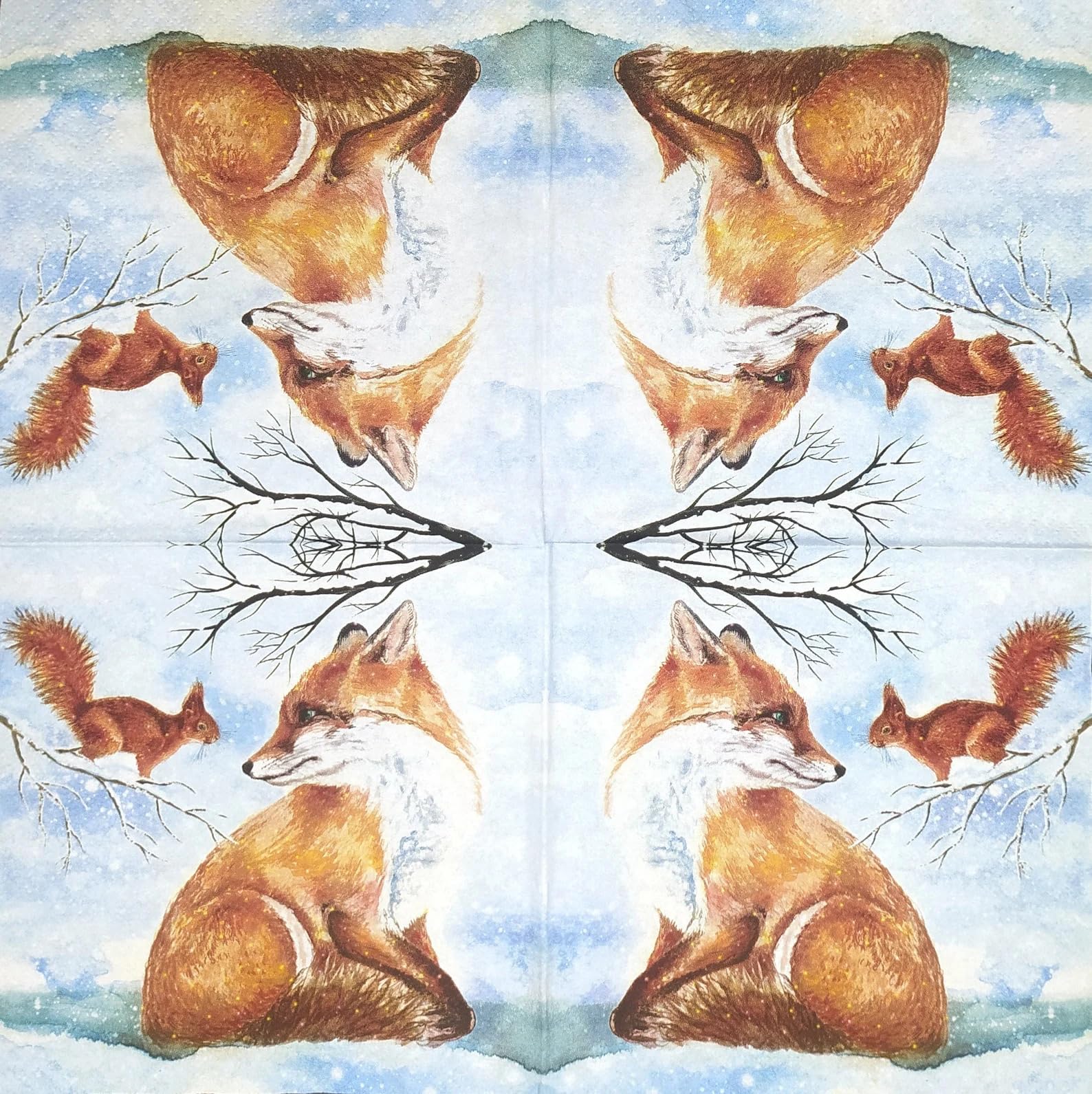 Set of 2 Individual Decoupage Paper Party Napkin Winter Fox Squirrel Snow Watercolor Decor Luncheon Napkins for a Birthday Holiday, Wedding, Cocktail Party