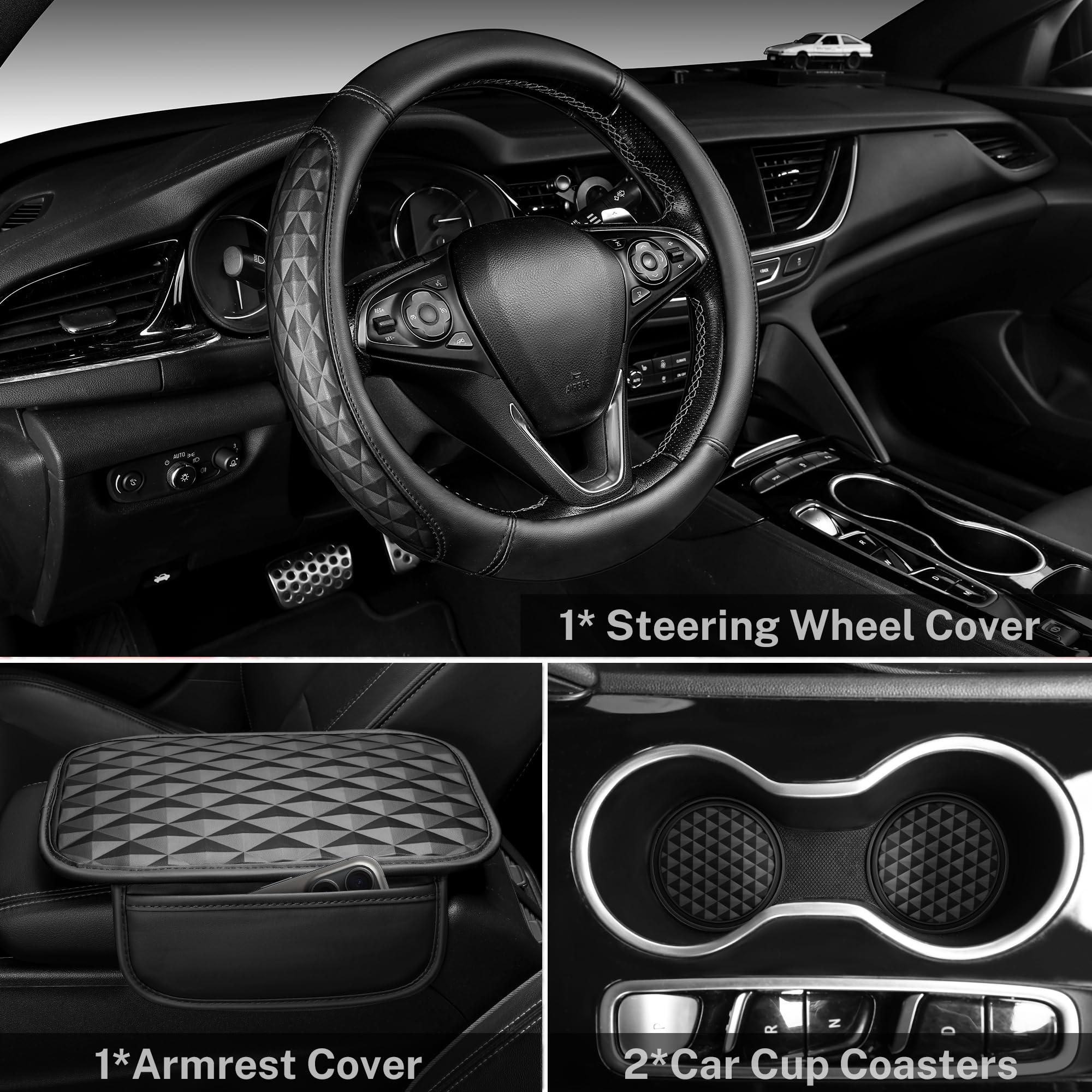 CAR PASS 3D Memory Foam Leather Car Steering Wheel Cover Set Comfortable Rhombus Leather Center Console Armrest Cushion — view 7