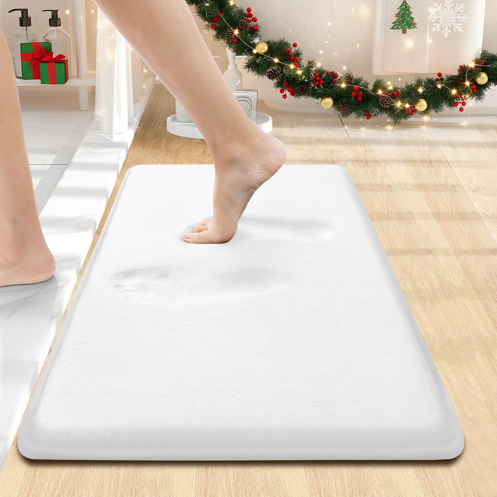 Smiry Memory Foam Bath Mat 24x16, Extra Soft and Absorbent Bathroom Mats, Non Slip Washable Carpet for Floor, Shower and Tub, White