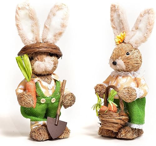 ZWMBYN 2 piezas de decoración de mesa de conejo de sisal de Pascua figura de conejo de paja tejida a mano con zanahoria lindo conejo de sisal