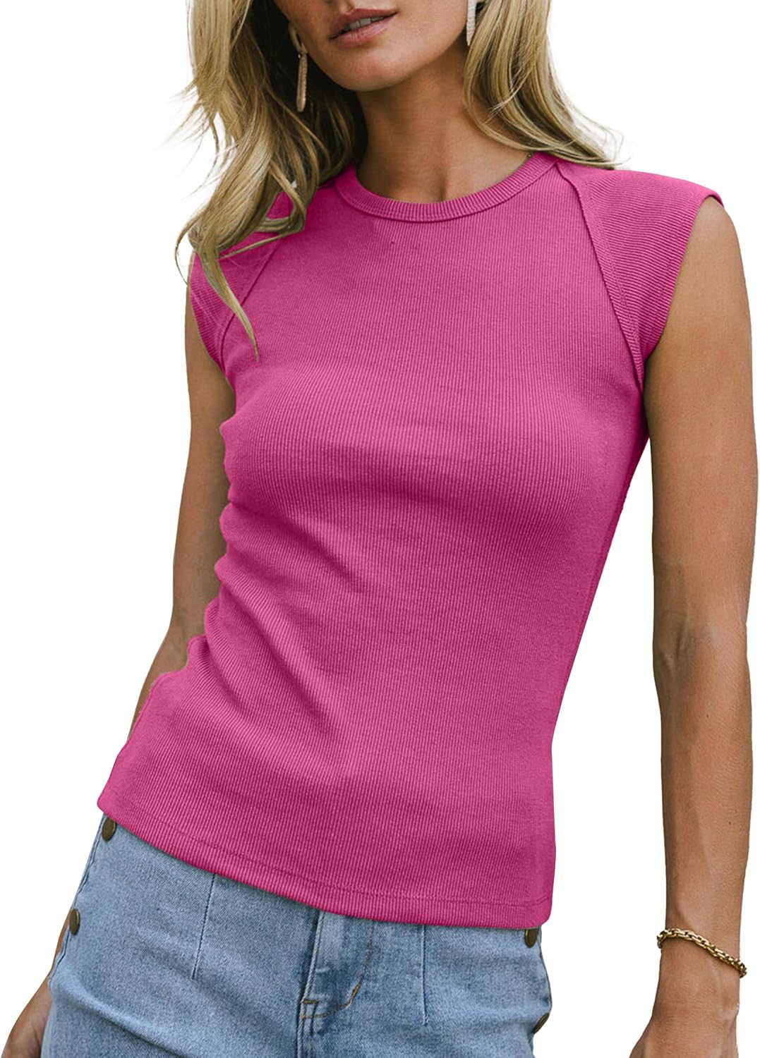 Womens Ribbed Tank Tops Cap Sleeve Slim Fitted Knit Basic Tee Shirts Trendy Casual 2025 Summer Clothes