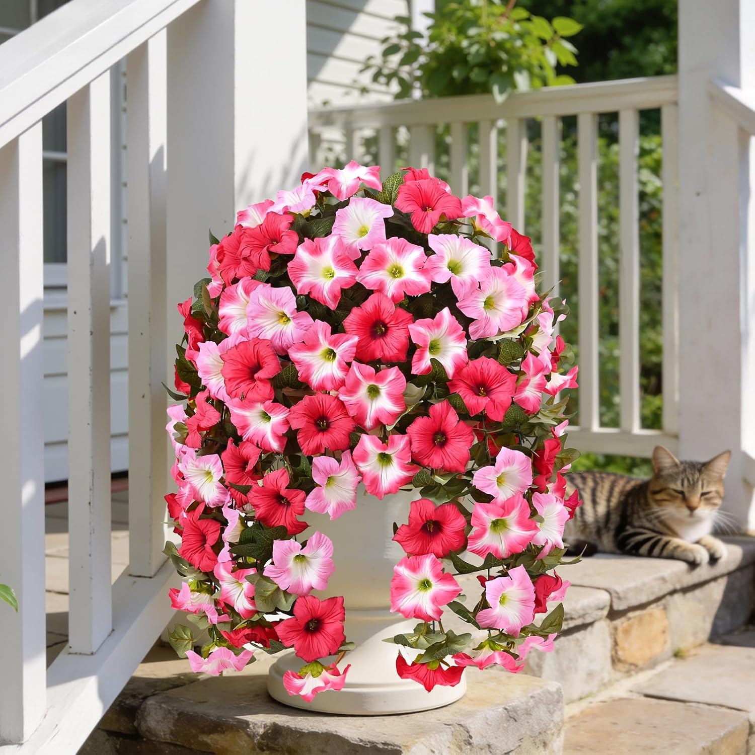 Yastouay Artificial Flowers for Outdoors, 4 Pack Artificial Petunias Fake Flowers, UV Resistant Realistic Hanging Flowers Plants for Outside Porch Patio Garden Spring Summer Decor(Pink)
