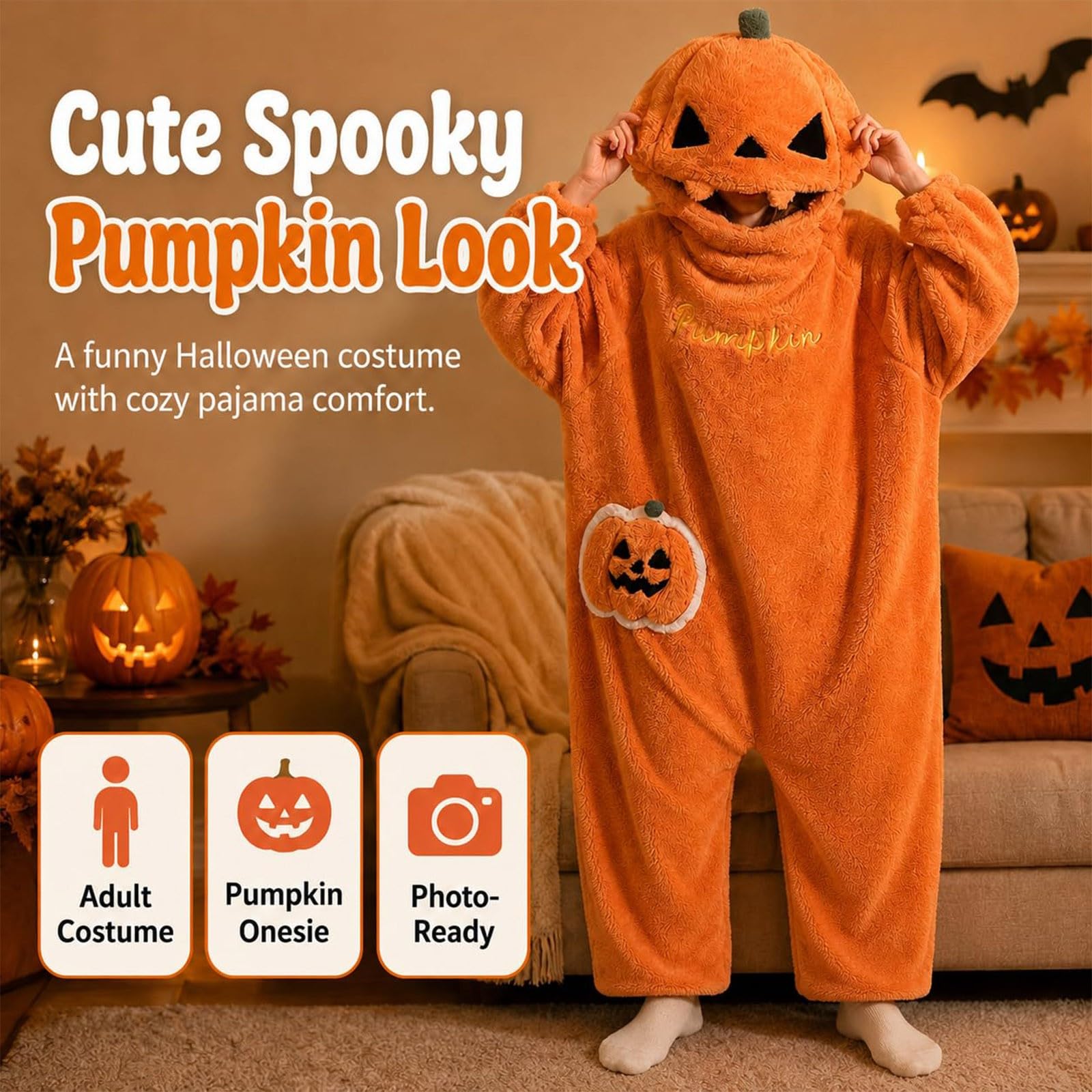 Costume Halloween Donna, Pigiama Intera Halloween Zucca con Cappuccio, Tuta Onesie in Pile Decorazioni, Pigiama Completo Adulto da Casa per Carnevale, Festa, Cosplay, Natale e Serate a Tema