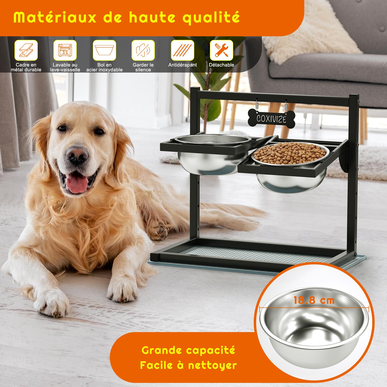 Gamelles surélevées pour chien avec 4 hauteurs réglables et inclinaison de 10 °, 2 gamelles en acier inoxydable (1,5 l x 2) et tapis anti-fuite, support de gamelle surélevé pour chiens de petite,