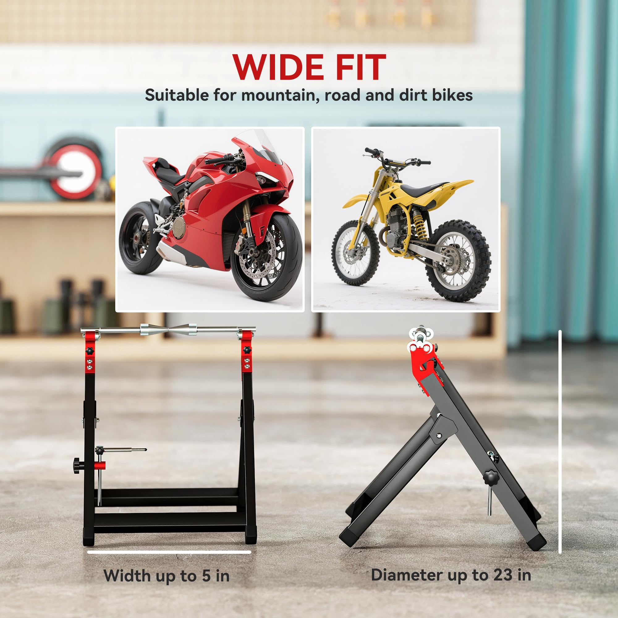 HOMCOM Soporte plegable de equilibrado de ruedas de moto, acero, Negro | Llave radios, soporte equilibrado acero, eje aluminio, para ruedas hasta 23 pulgadas diámetro, 5 pulgadas ancho