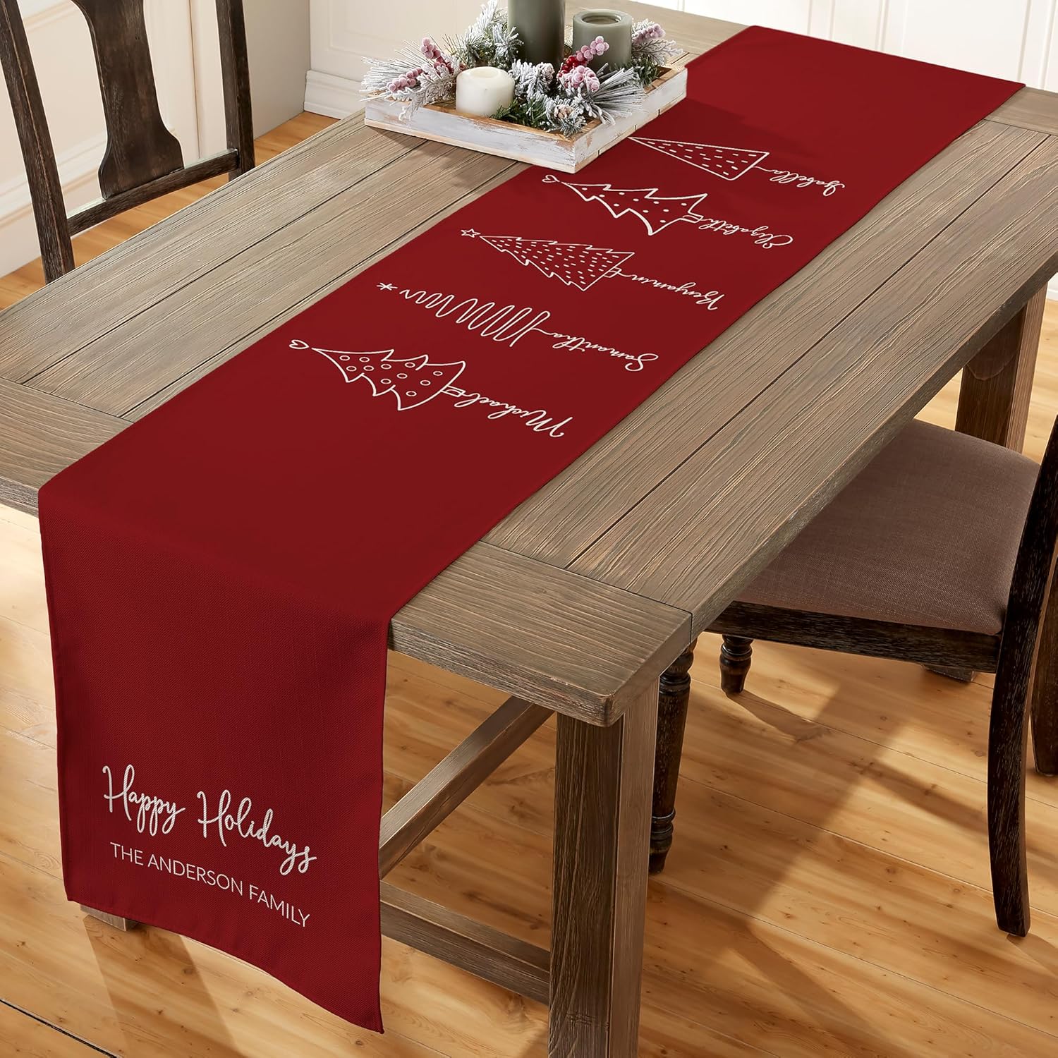 Personalization Universe Scripted Christmas Tree Personalized Table Runner - 16x120 Inch Polyester - Customize with Up to 10 Names - Red/Green/Gold - Ideal Christmas Table Decor, Holiday Dining Accent