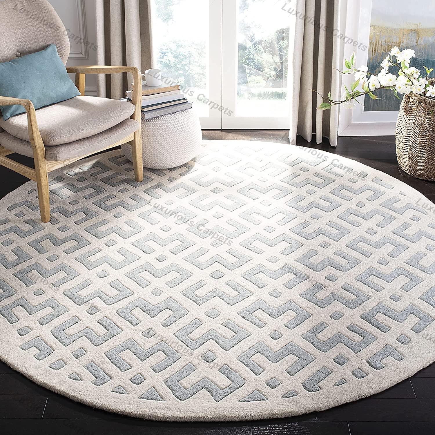 Luxurious Carpets Chatham Collection Handmade Geometric Wool Carpet for Living Room, Bed Room and Hall 6 x 6 Feet Round Color Multi