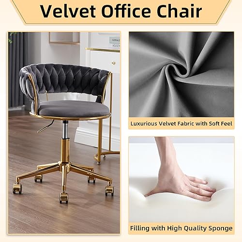Miniatura 4 de GOOLON Silla de escritorio de terciopelo, moderna silla de oficina con ruedas, sillón giratorio para el hogar con respaldo tejido, asiento cómodo de