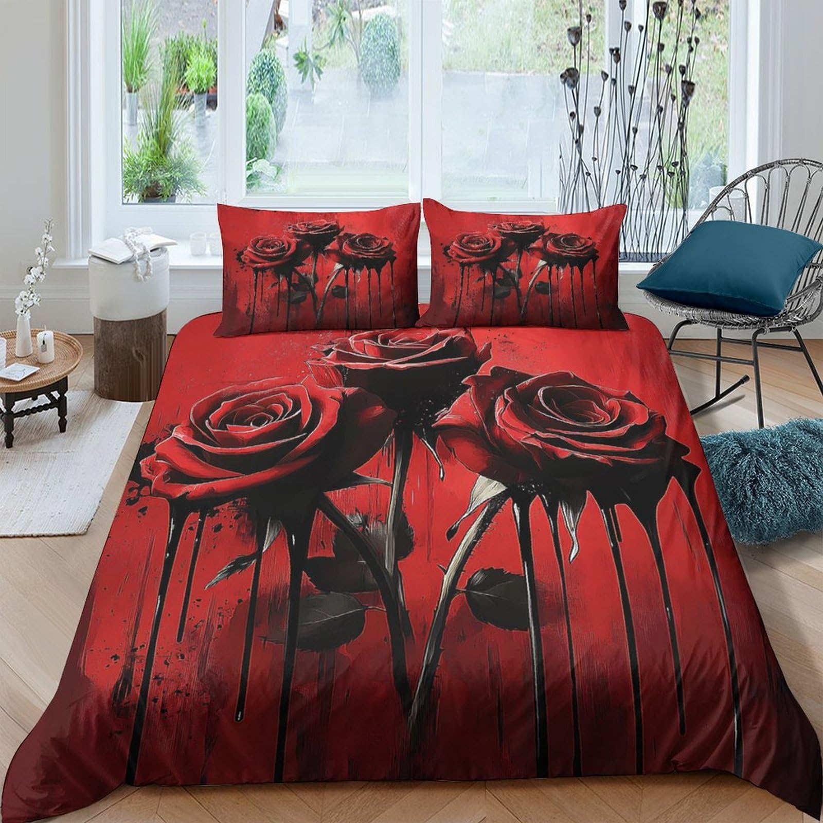 Blutige Rosen 3-teiliges Pflegeleichtes Polyester Gotische Kunst Stil Kinderbettbezugset, 2 Kissenbezug, Unsichtbarer Reißverschluss, Babysicher King（220x240cm）