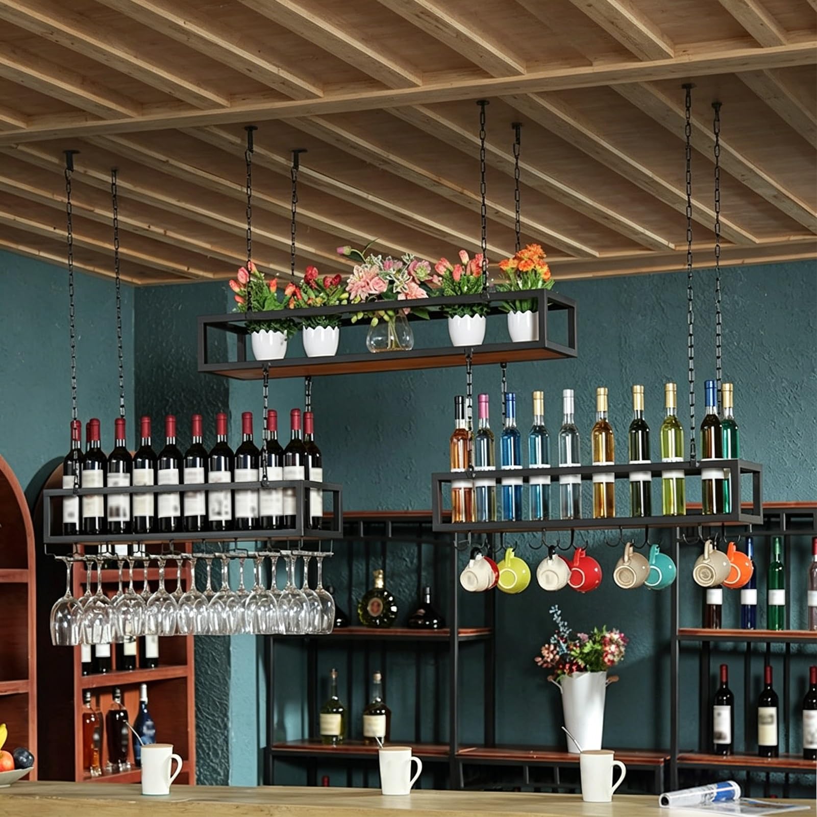 Support de Bouteille de vin de Plafond Suspendu Support de Verre à vin en métal, présentoir d'usine de Stockage de gobelet pour Le Restaurant de Barre de Cuisine à la Maison