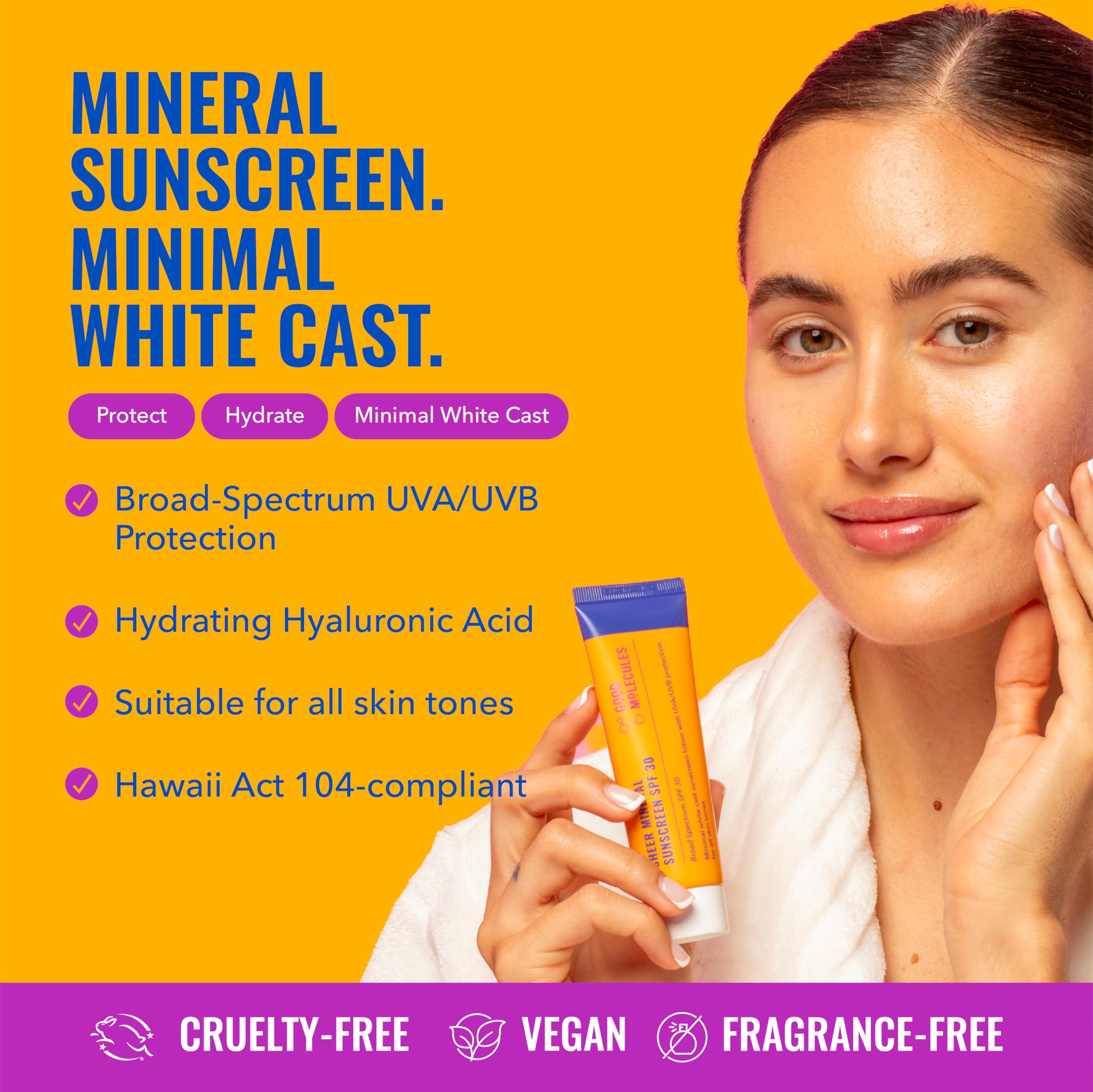 Good Molecules Protector solar mineral transparente SPF 30, 50 ml, invisible, transparente, protector solar de óxido de zinc con ácido hialurónico, seguro para arrecifes, hidratante, no graso