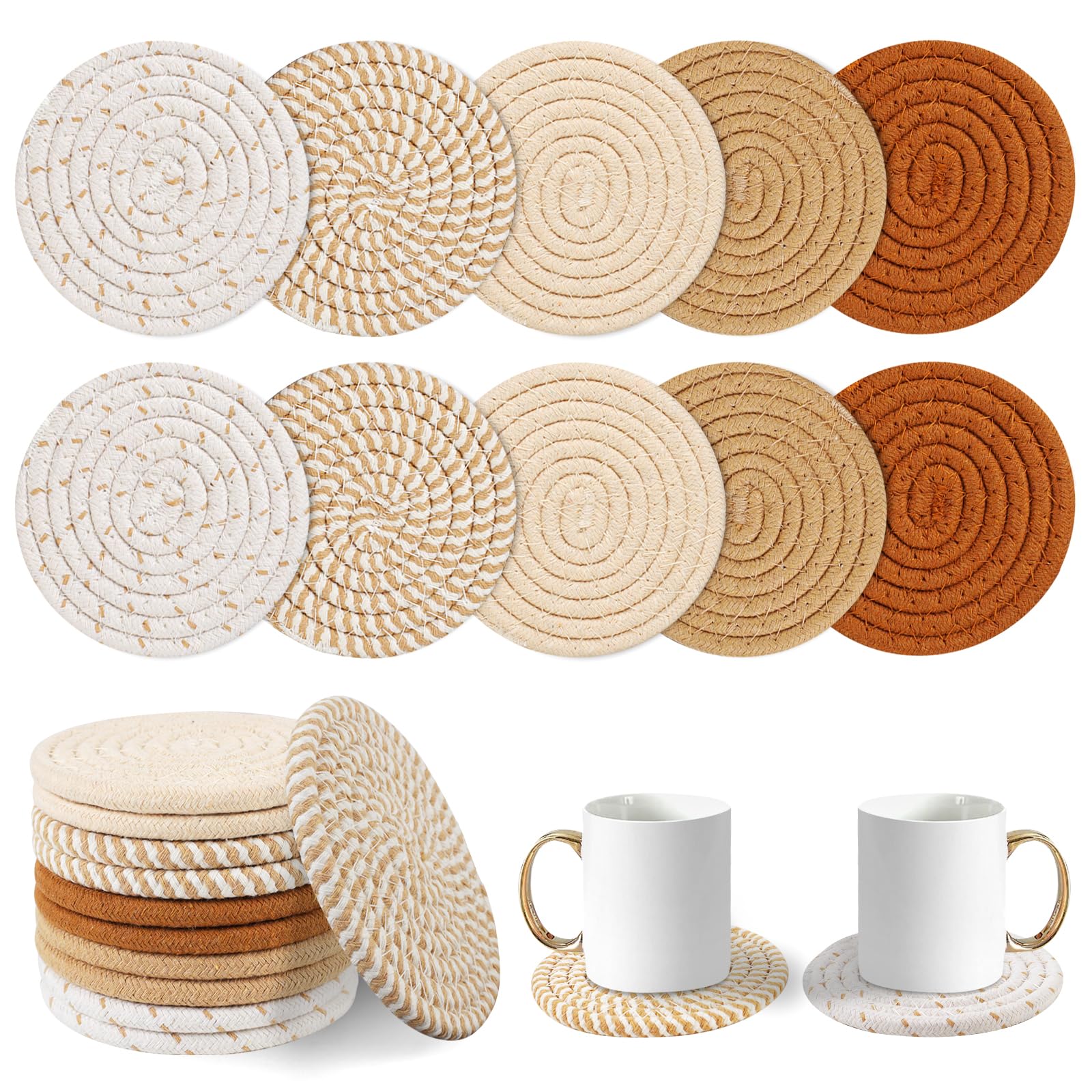 Vivinin Boho Coasters - Absorbent, 10 Psc Cotton, Woven, Brown Color Scheme Set for Room Decor & Gifts, 4.3 Inch