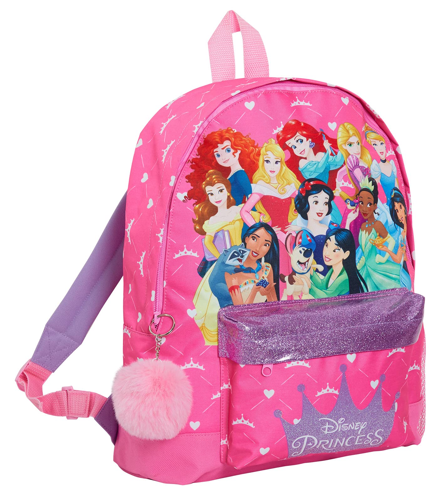 Disney Mochila de princesa con todas las princesas oficiales para niñas, mochila escolar grande con purpurina rosa