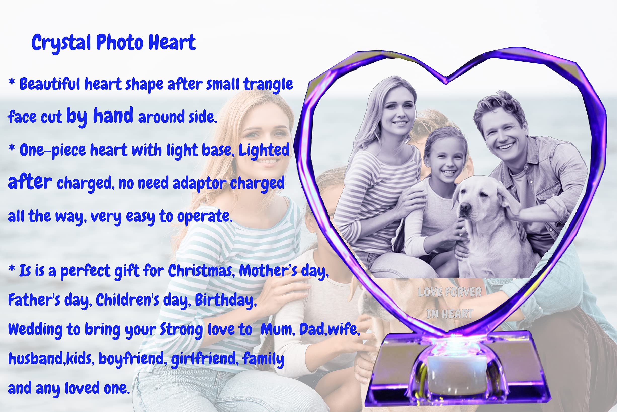 Photo en cristal 2D/3D personnalisée en verre - Souvenir en forme de cœur gravé avec votre propre image (anniversaire, mariage, fête des mères, fête des pères, Saint-Valentin, Noël)