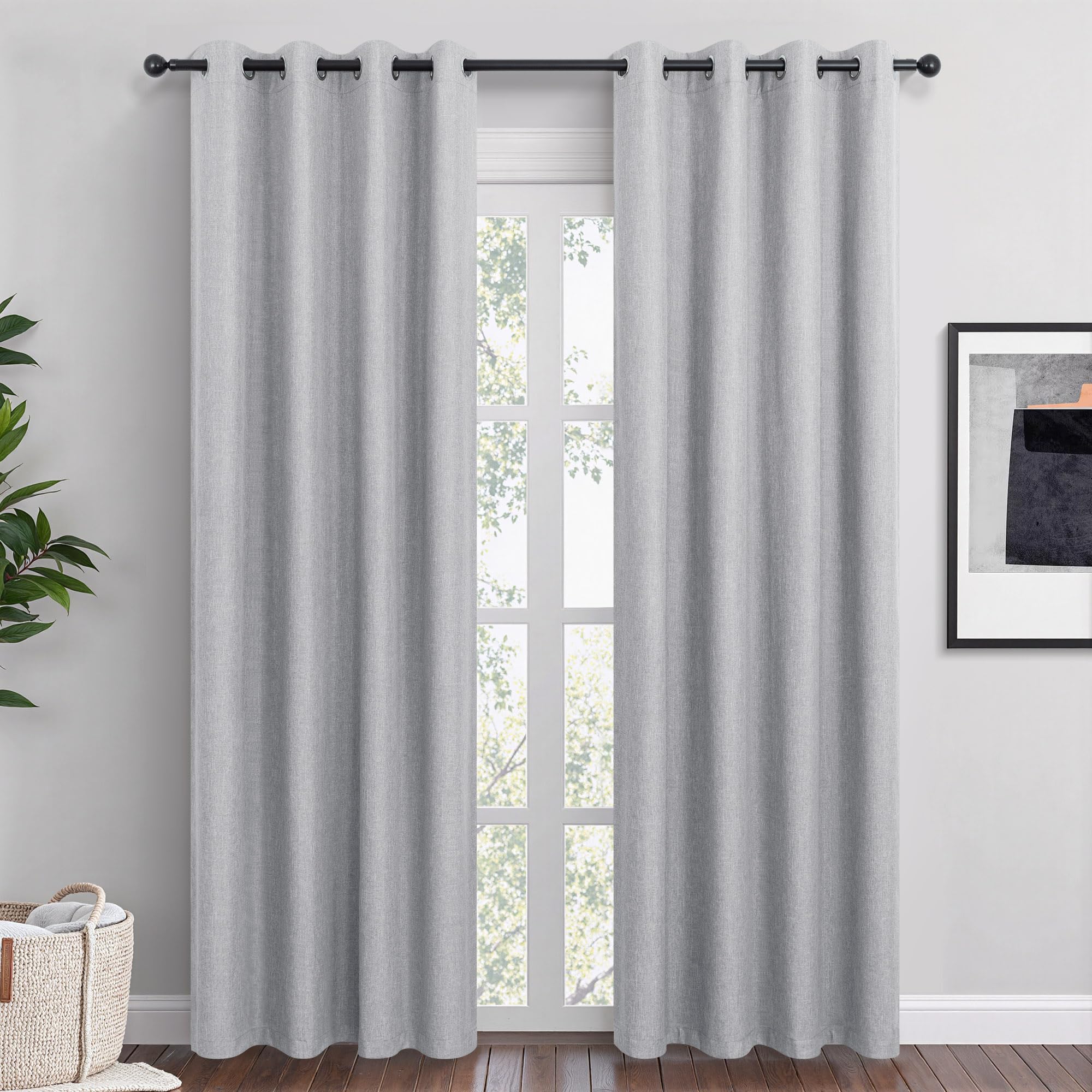 Photo 1 of QmQmok Light Grey Linen Blackout Curtains 90 Inch Length 2 Panels Set for Bedroom Living Room Grommet 100% Black Out Linen Drapes Room Darkening Window Curtains 90 Inches Long Light Silver Gray