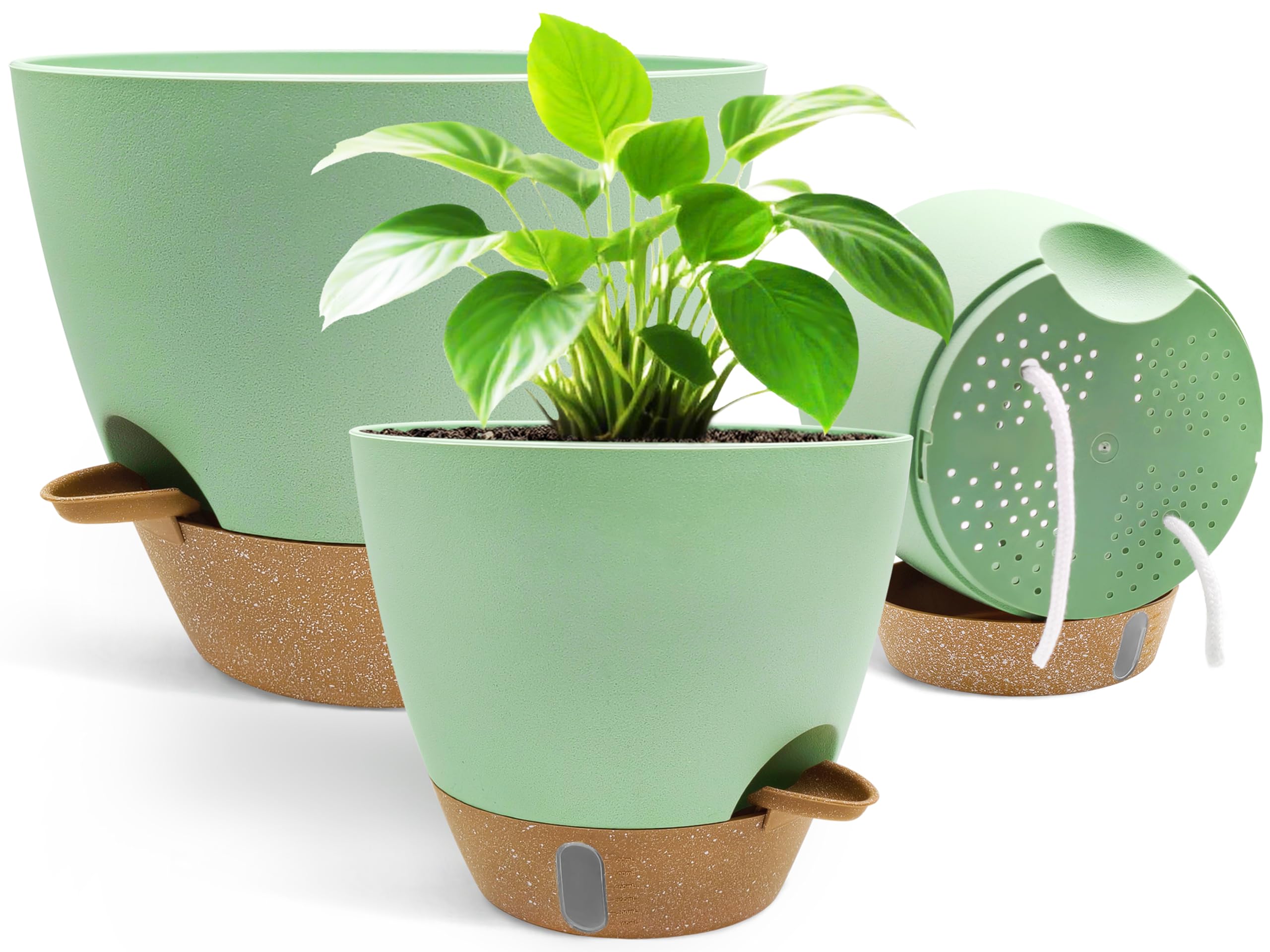 3 Pack Plant Pots Indoor 10/9/8 Inch Flower Pot Set Self Watering Planters for Indoor Plants with Drainage Hole,Visualized Watering Windows and Saucer for Home Garden,Green